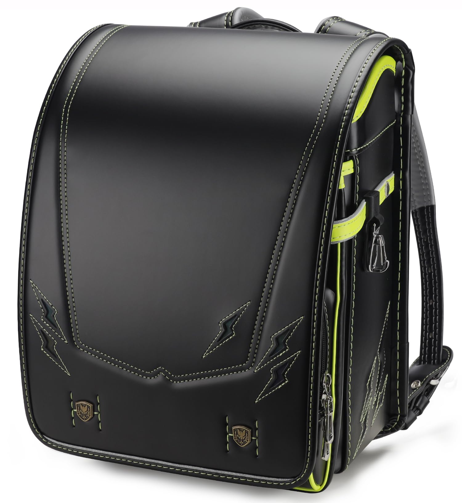 IwaiLoft Ransel Randoseru Backpack with Automatic Satchel for Boys, Japanese School Bag Embroidery PU Bookbag for Men Male (Lightning Black&Yellow)