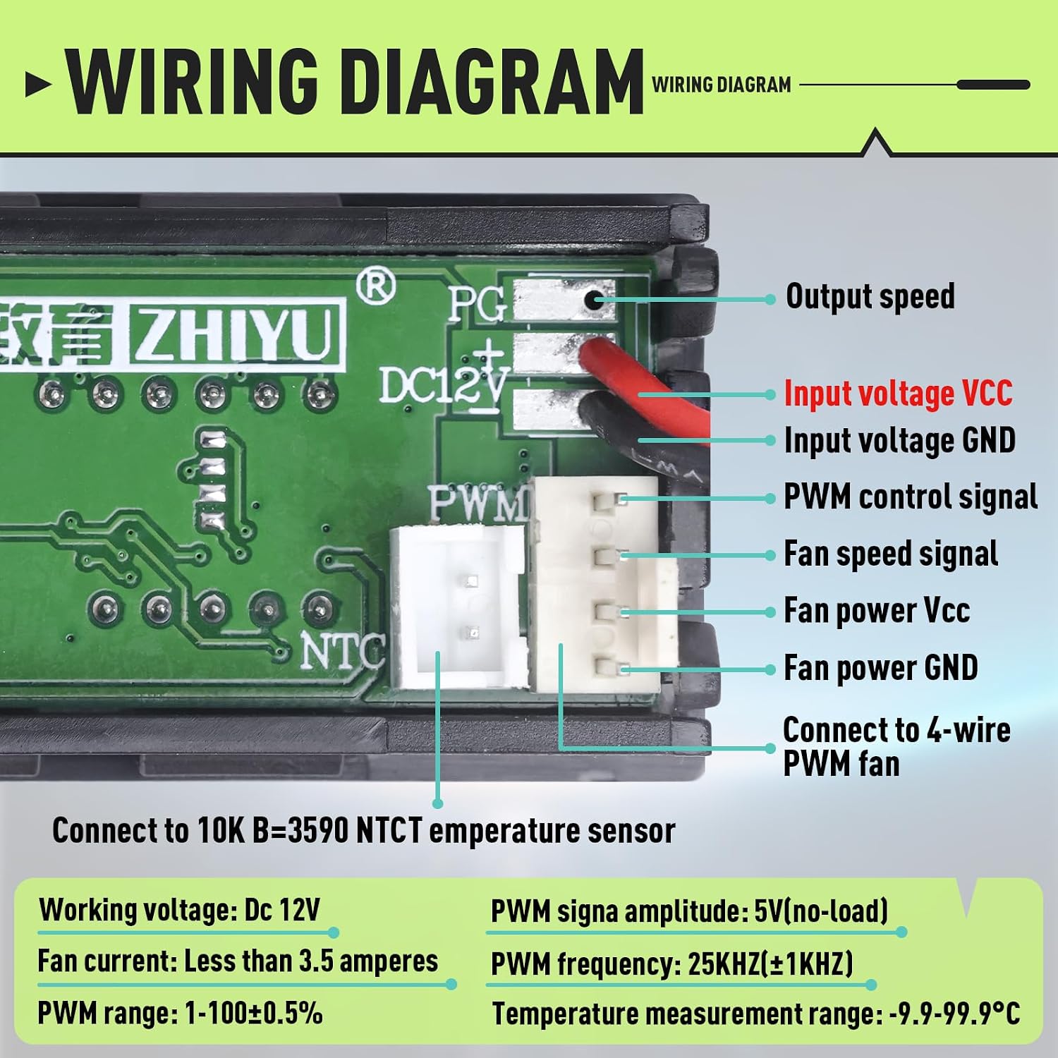 4-Wire PWM Fan Temperature Controller (12V 3A) Fan Speed Controller with 1 Black Terminal Wire, Digital Display ℃ Temperature Controlled Governor, Dual-Display Fan Governor