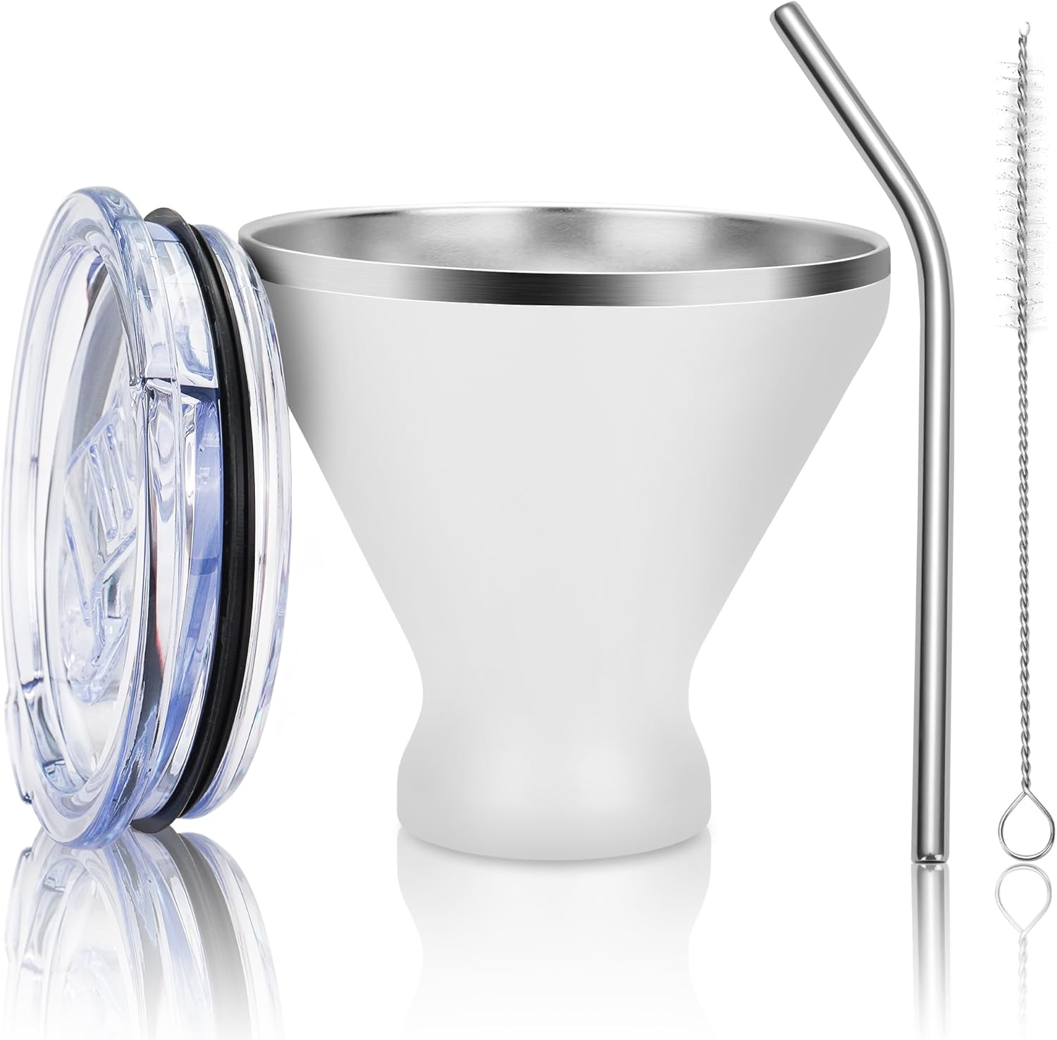 SuperCook Stainless Steel Martini Glass with Lid, Double Wall Vacuum Insulated Stemless Cocktail Glasses Set of 6, Stay Icy Cold Wine Tumbler with Straw, 8 Oz, White - Image 8