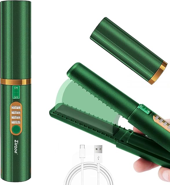 Cordless Hair Straighteners Curler 2 in 1 Portable Mini Hair Straighteners Ceramic 8 Inch, Anti-Scald 3-Level Travel Straightener with 110-220V, Heats Up Fast, Unplug Rechargeable with Type-C, Green
