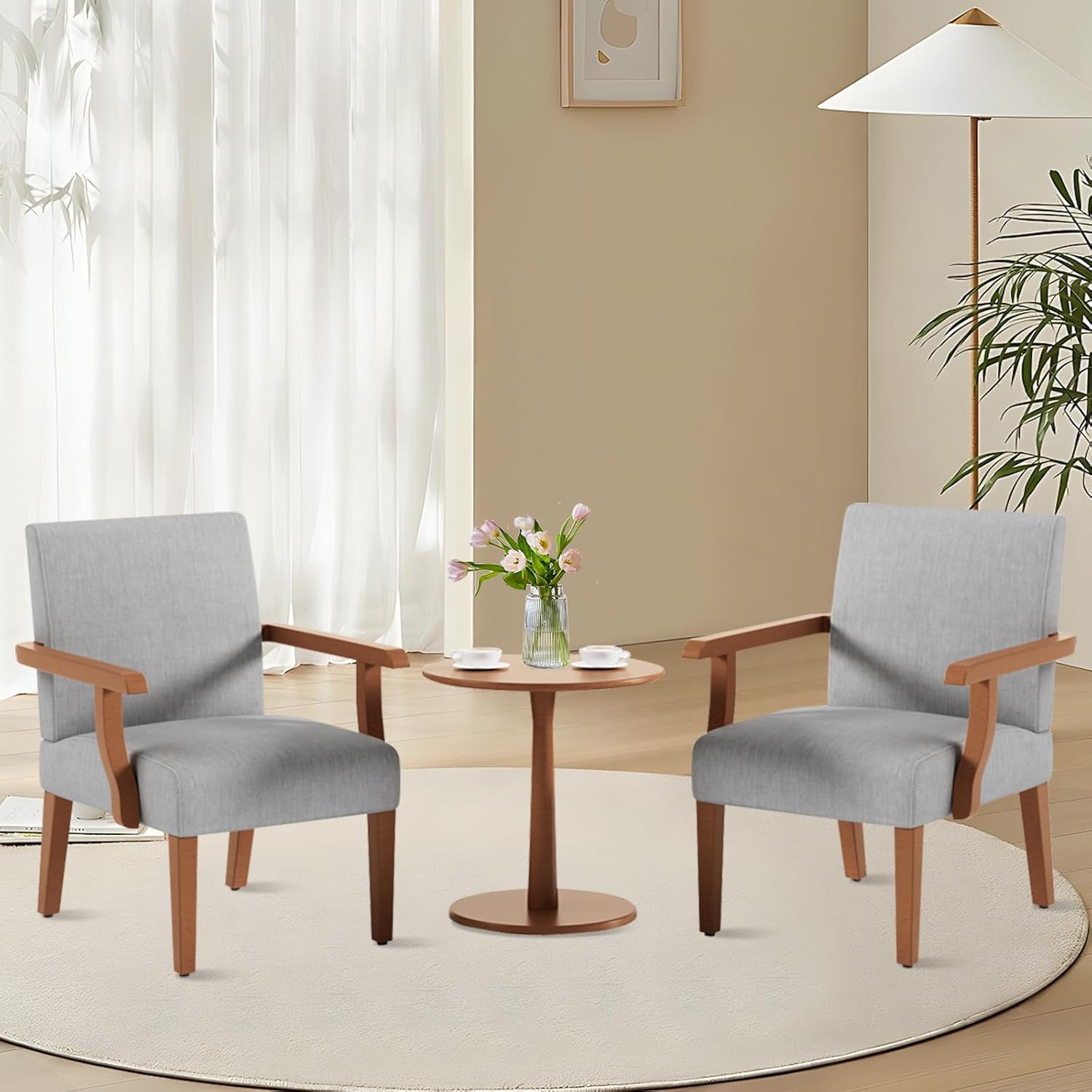 Modern Accent Chairs Set of 2 with Round Side Table, Mid-Century Reading Leisure Arm Chair, Fabric Upholstered with Solid Wood Armchair for Living Room, Bedroom, Office, Apartment (Light Grey)