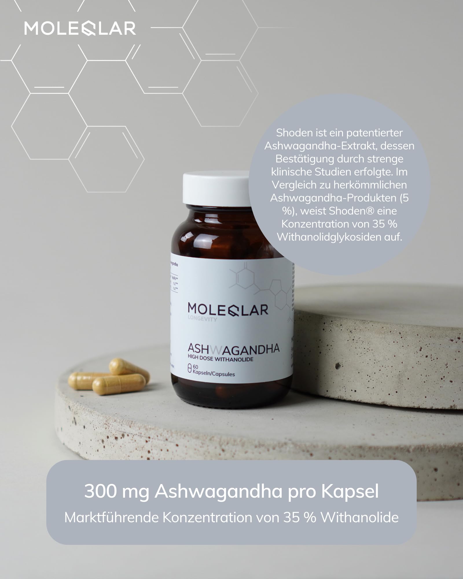 MoleQlar Ashwagandha SHODEN 60 capsule - 300 mg, 35% withanolides, purezza e metalli pesanti controllati