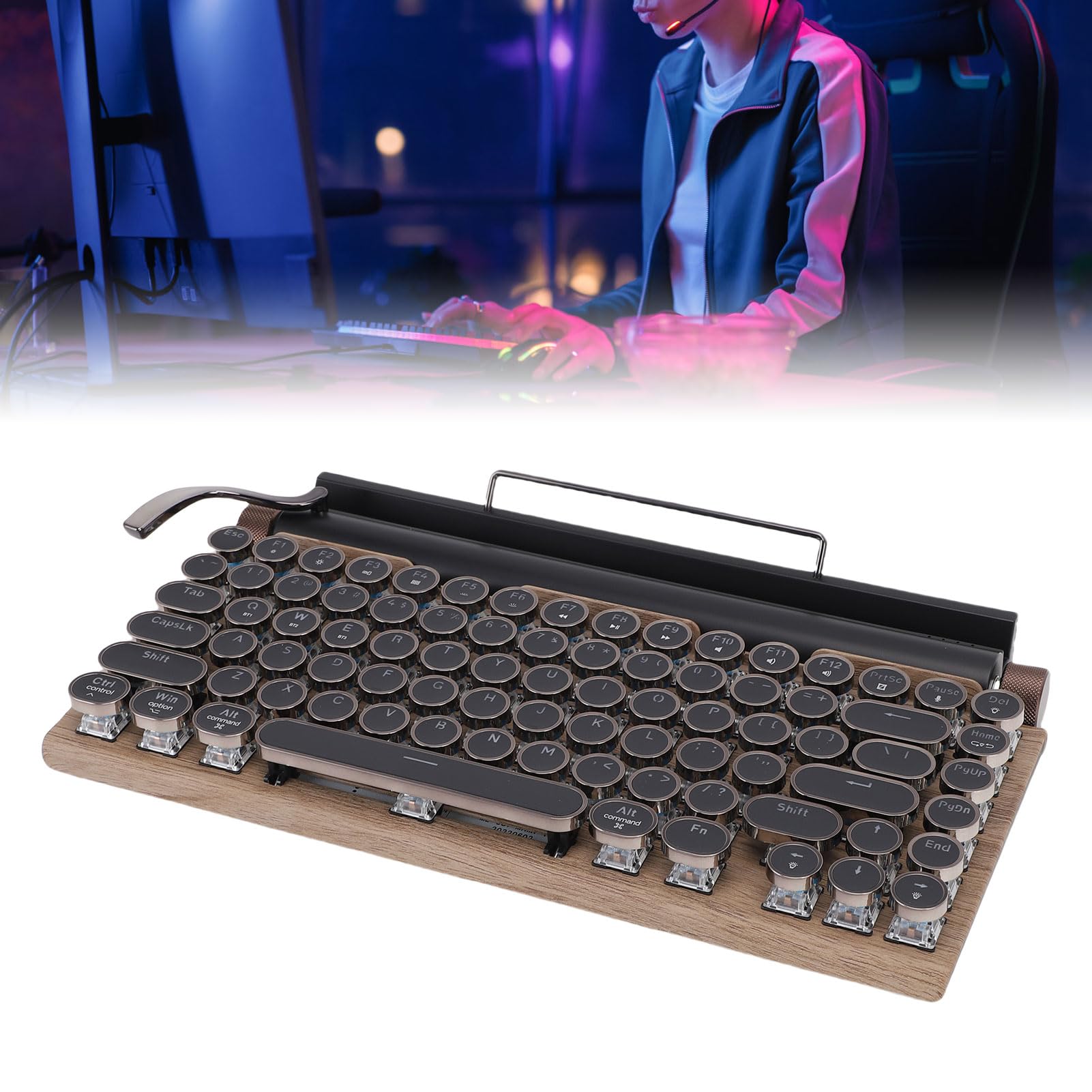 LICAEVEY Tastiera da Scrivere Wireless, Tastiera Meccanica retrò Calda, Tastiera Meccanica di Tastiera Rotonda Bt con 14 modalità Retroilluminata per Telefono Tablet (Colore di legno)