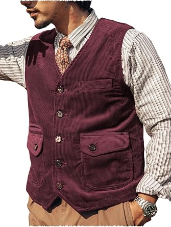 Mens Corduroy Vest Vintage Waistcoat Western Cowboy Vests Slim Fit Casual Business Sleeveless Jackets