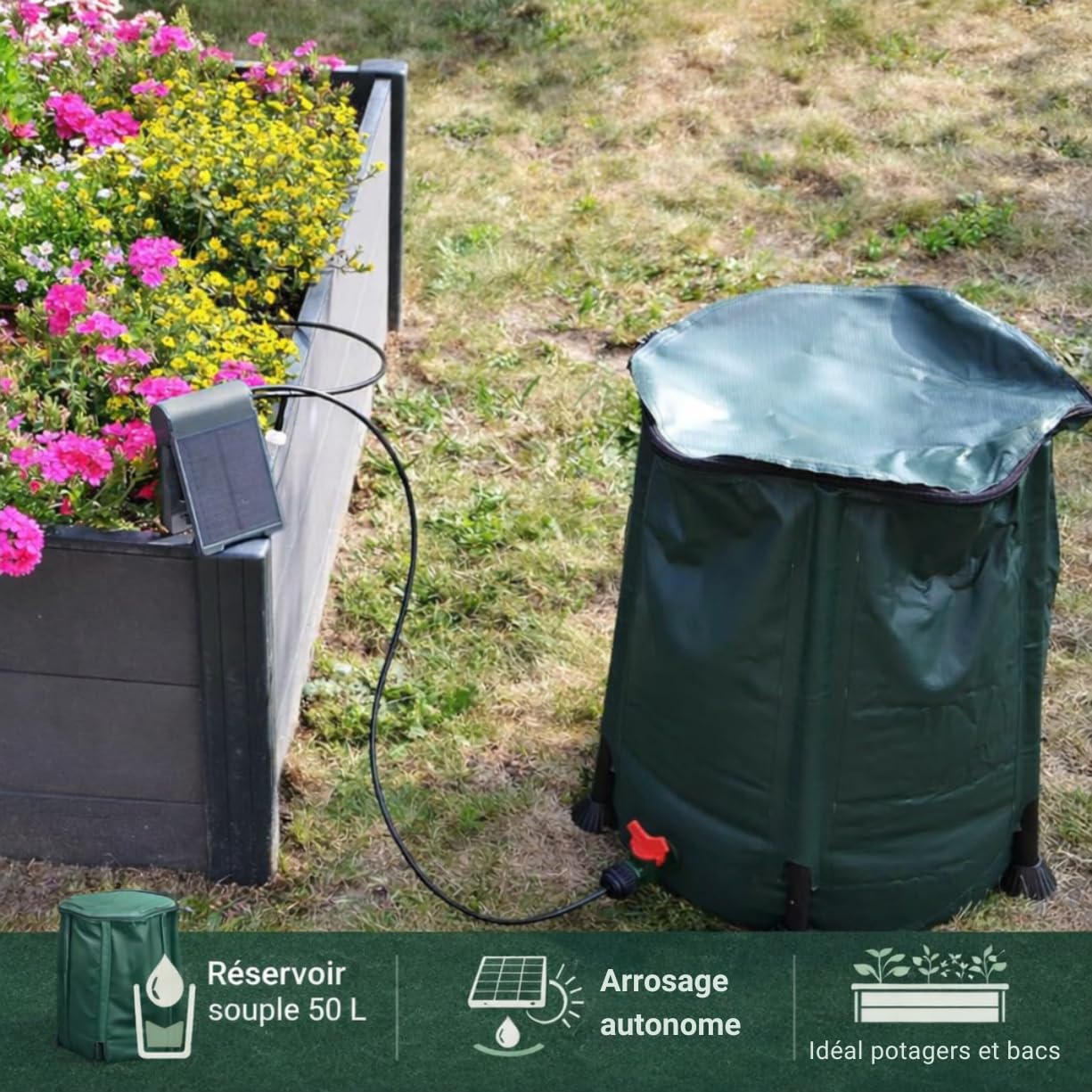 Jardibric - Kit irrigazione a goccia solare autonomo - Pompa programmabile + riserva d'acqua 50 litri