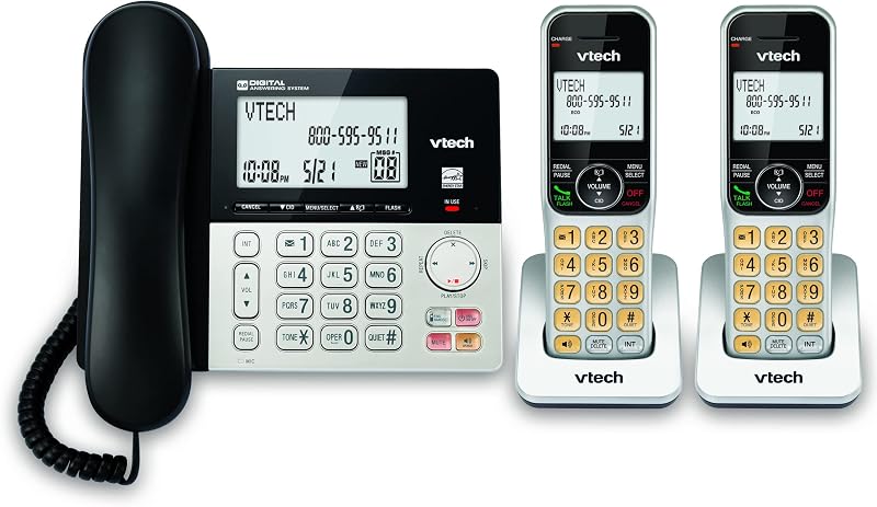 VG208-2 Sistema telefónico DECT 6.0 con cable/inalámbrico con 2 auriculares, contestador automático digital, bloqueo de llamadas, identificador de llamadas, pantalla grande retroiluminada