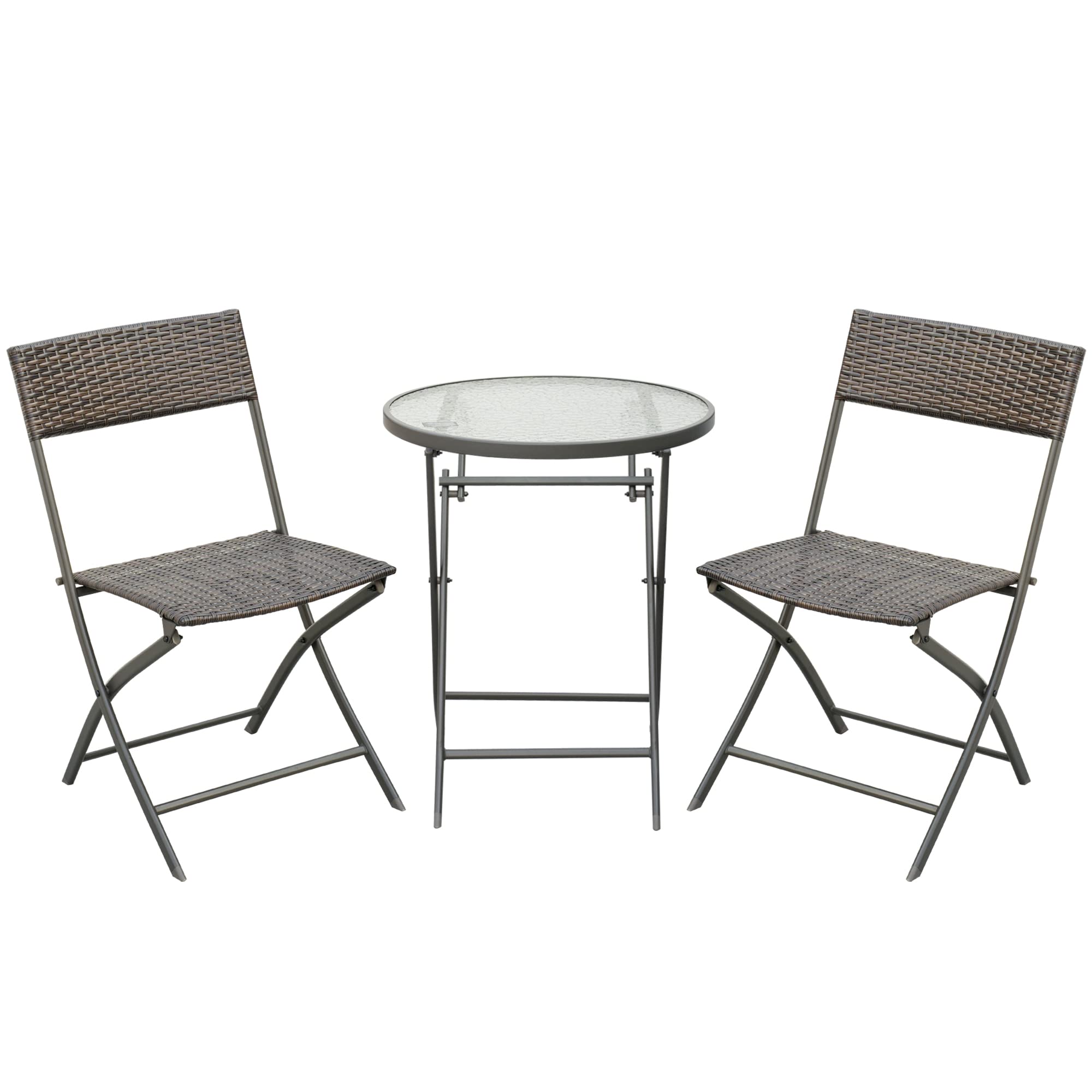 Outsunny Conjunto de Muebles de Jardín Conjunto de Mesa y 2 Sillas de Jardín de Ratán Sintético con Sillas Plegables y Mesa de Vidrio para Terraza Patio Marrón