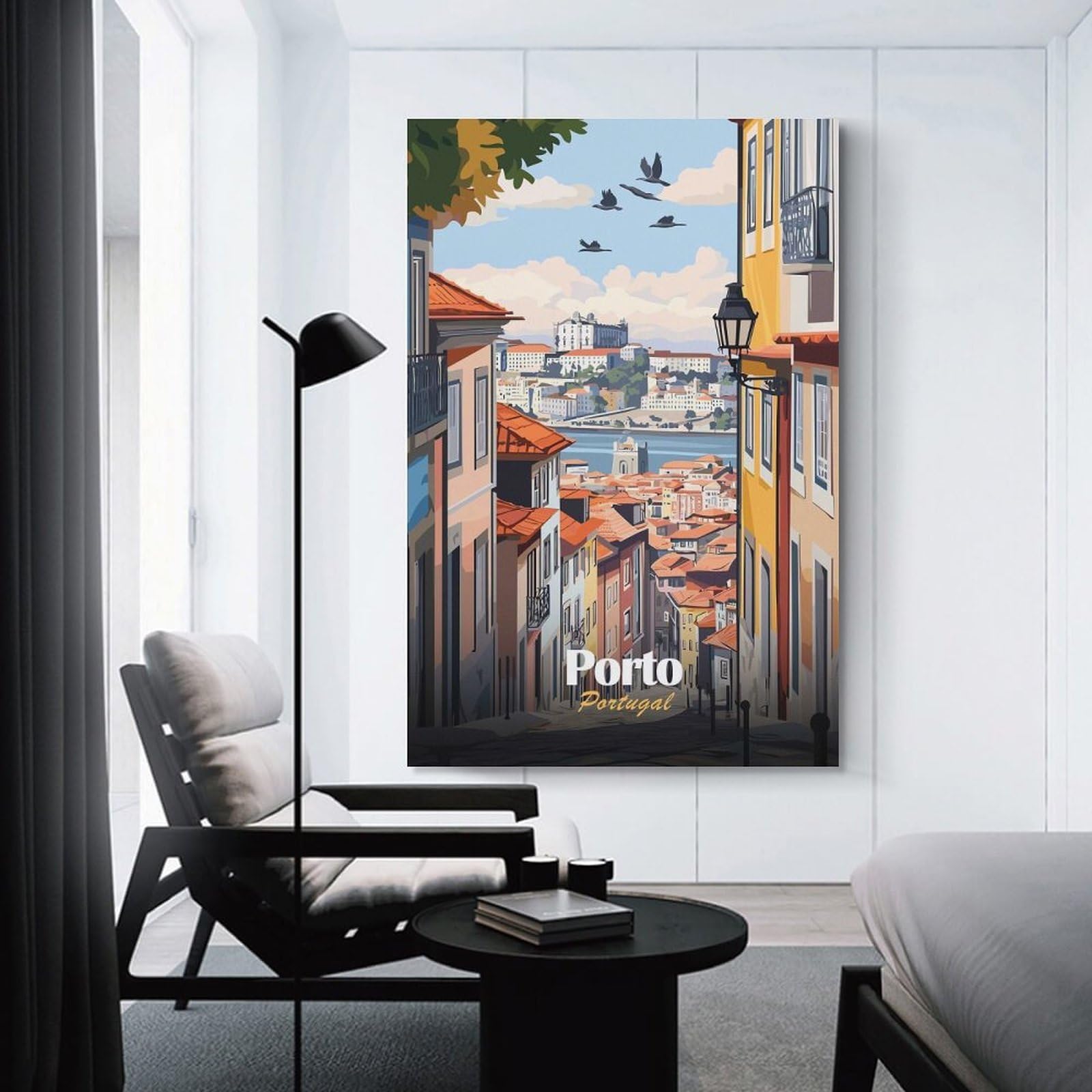 Junmoney Wall Art Print Porto, Portugal Cityscape Illustration, 24x36inch(60x90cm), for Living Room, Lounge Or Sitting Room, Eye Catching Artwork for Blank Walls
