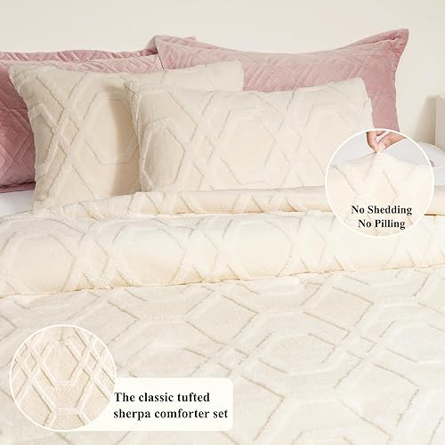 Miniatura 5 de PHF - Juego de edredón cálido de vellón Sherpa, suave ropa de cama 3D capitonada y mullida para invierno, 3 piezas, Queen, crema, 1 edredón (90" x