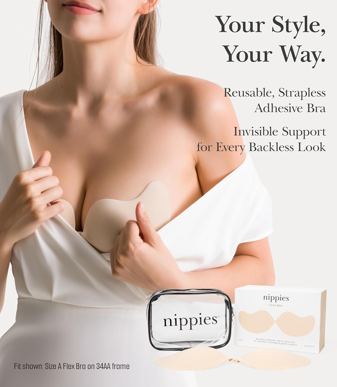 Nippies Sticky Bra - Adhesive Strapless Backless Bra for Women, Seamless Coverage, Push Up Support - Crème, with Travel Bag - Image 2