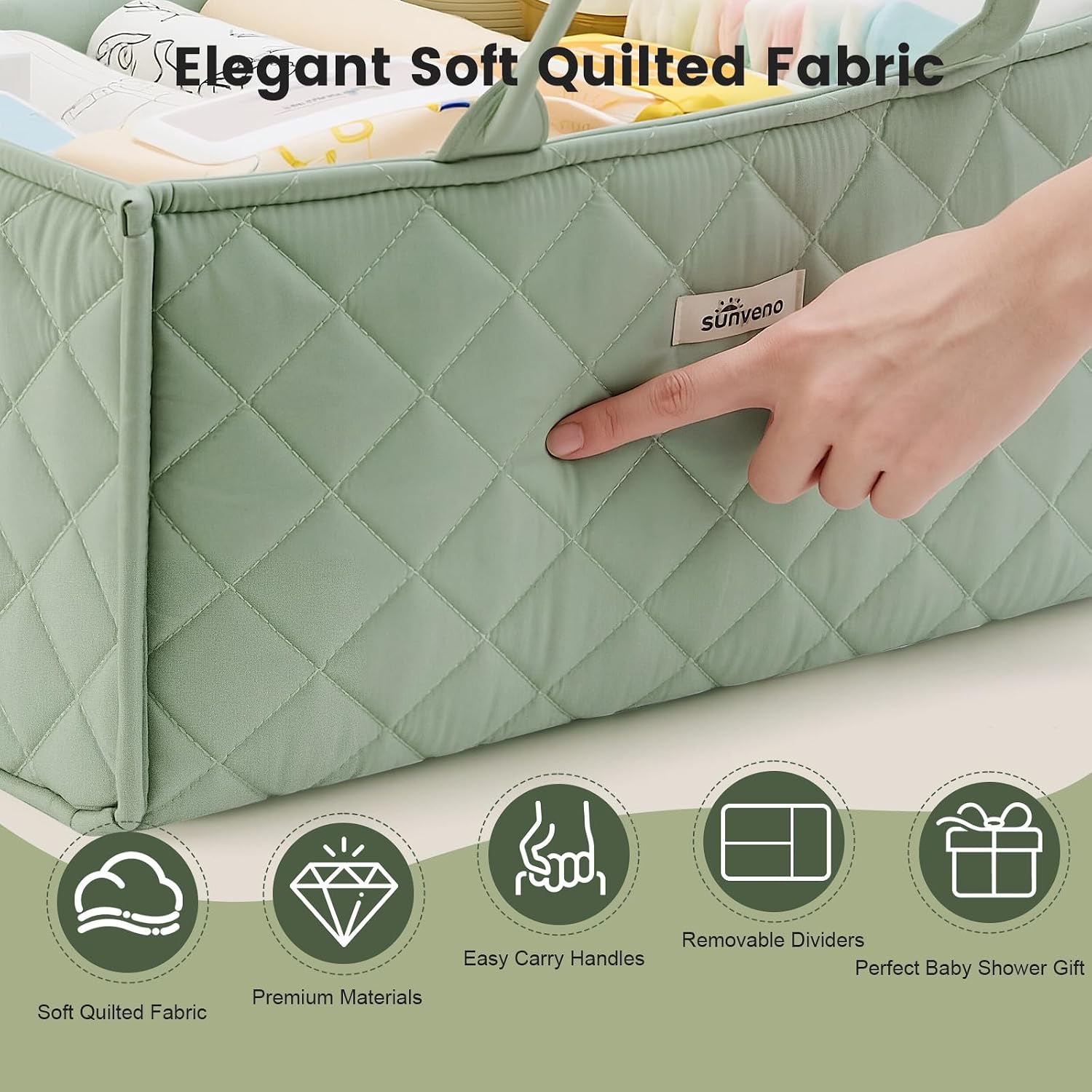 SUNVENO Quilted Diaper Caddy Organizer, Soft Padded Baby Diaper Caddy with Removable Dividers, Large Nursery Storage Basket for Diapers, Wipes and Baby Essentials, Portable Nursery Organizer