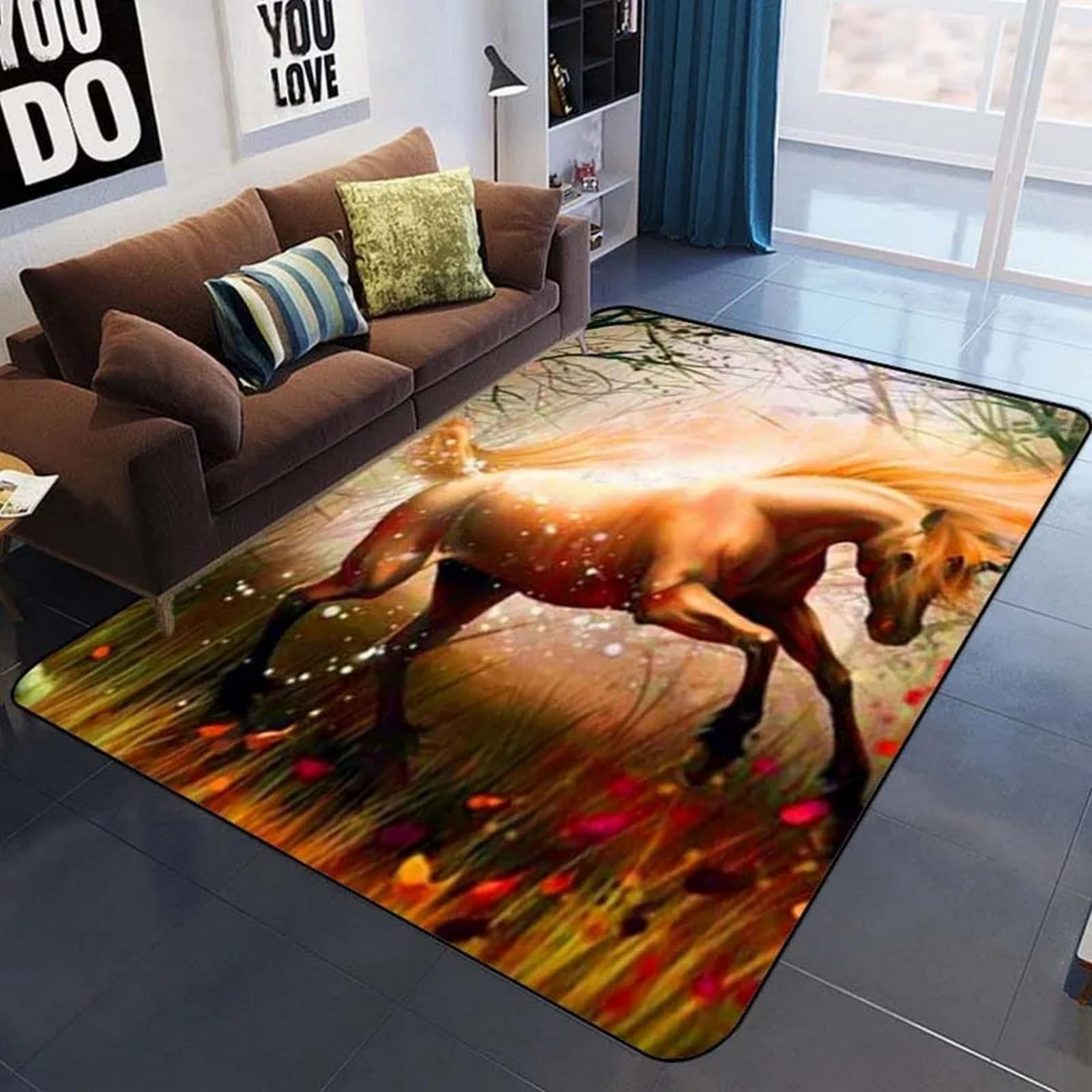 Tapis cheval animal 3D 120x160 cm en velours de cristal pour chambre et salon