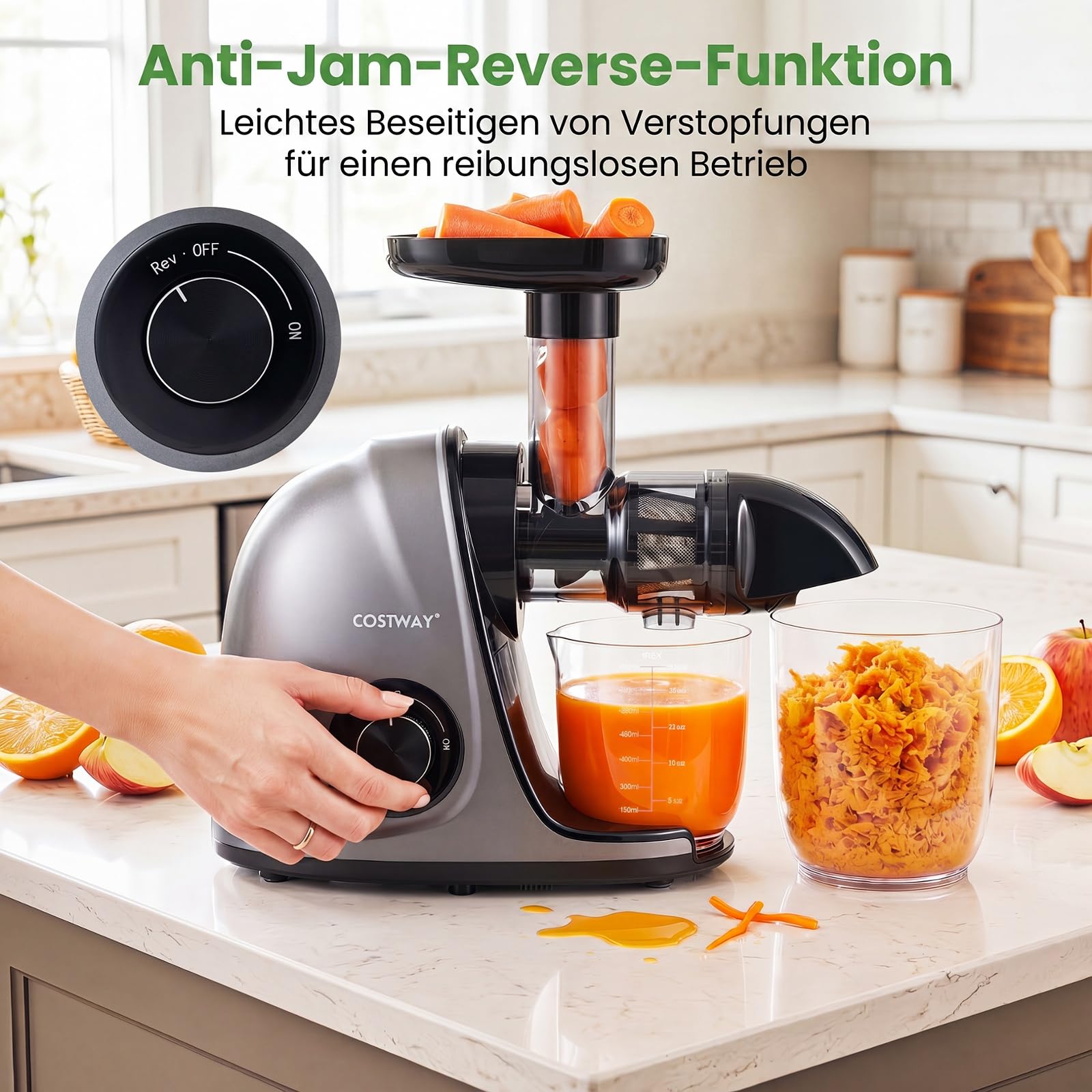 COSTWAY Entsafter Gemüse und Obst, Slow Juicer mit Rückwärts-Kau-Funktion | mit 700 ml Becher & 1,1 L Fruchtfleischbehälter & Reinigungsbürste, kompakte Obstpresse für frische Säfte, Drinks, Silber