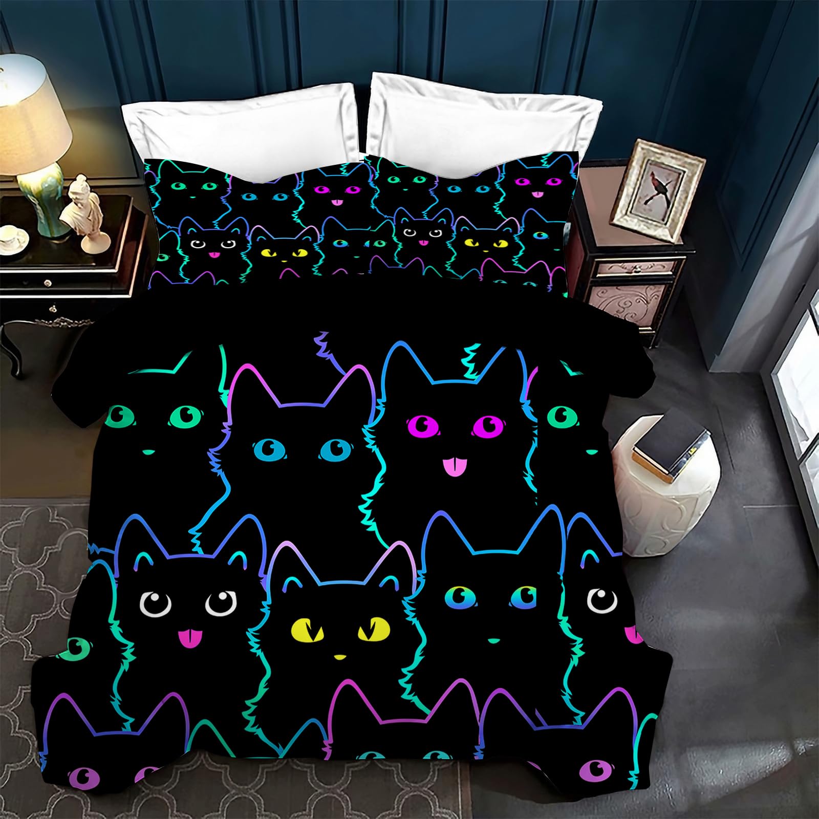 Juego de Ropa de Cama para Gatos, Bonito Juego de Ropa de Cama con Funda nórdica y Funda de Almohada (F, King（220x240cm）)
