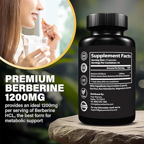Miniatura 7 de Suplementos de berberina HCL de ultra alta resistencia de 1200 mg  90 cápsulas veganas  Suplemento de berberina orgánica para apoyo metabólico y