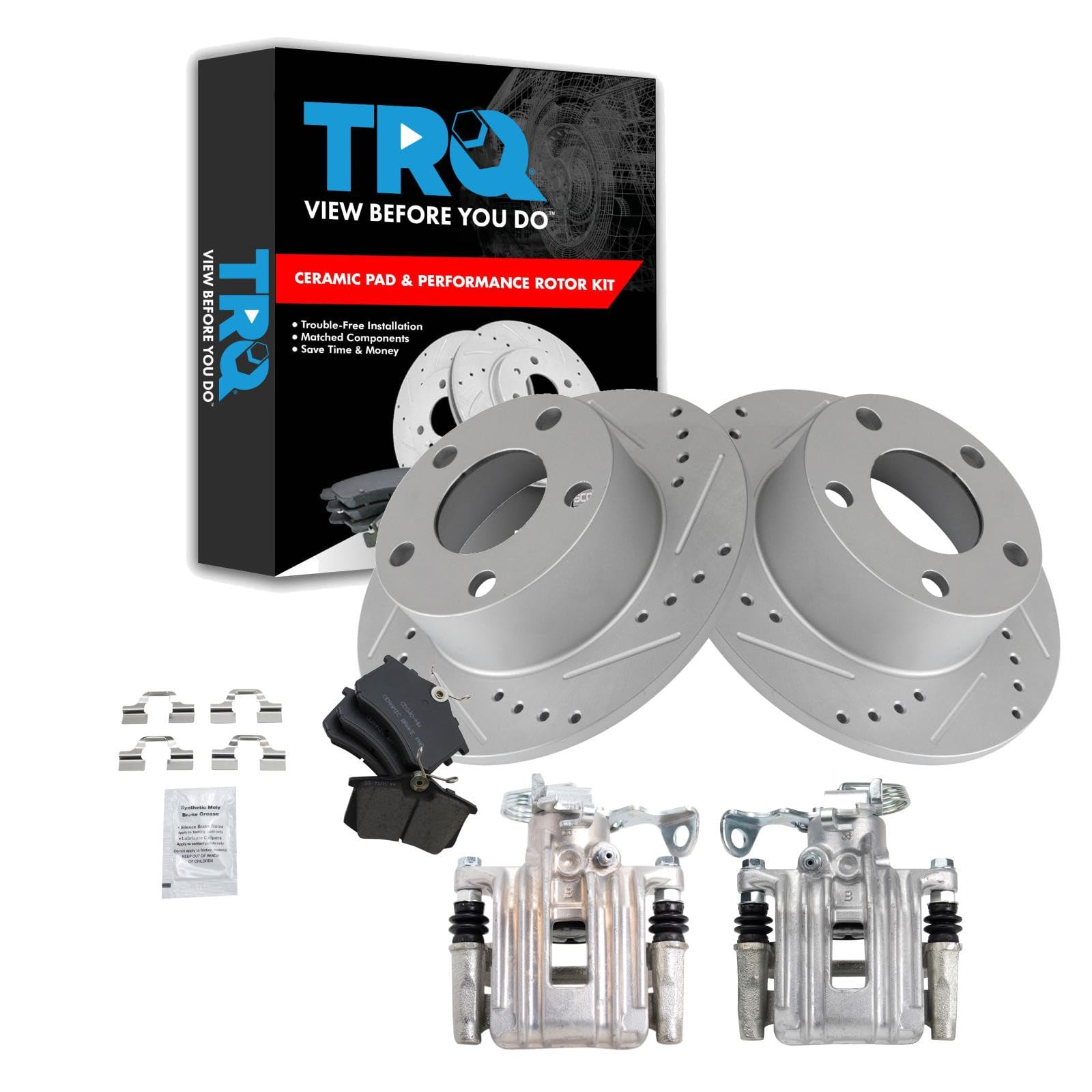 TRQ Rear Brake Pad and Rotor Set Ceramic Solid Rotors Calipers Hardware Compatible with 2000-2001 Audi A6
