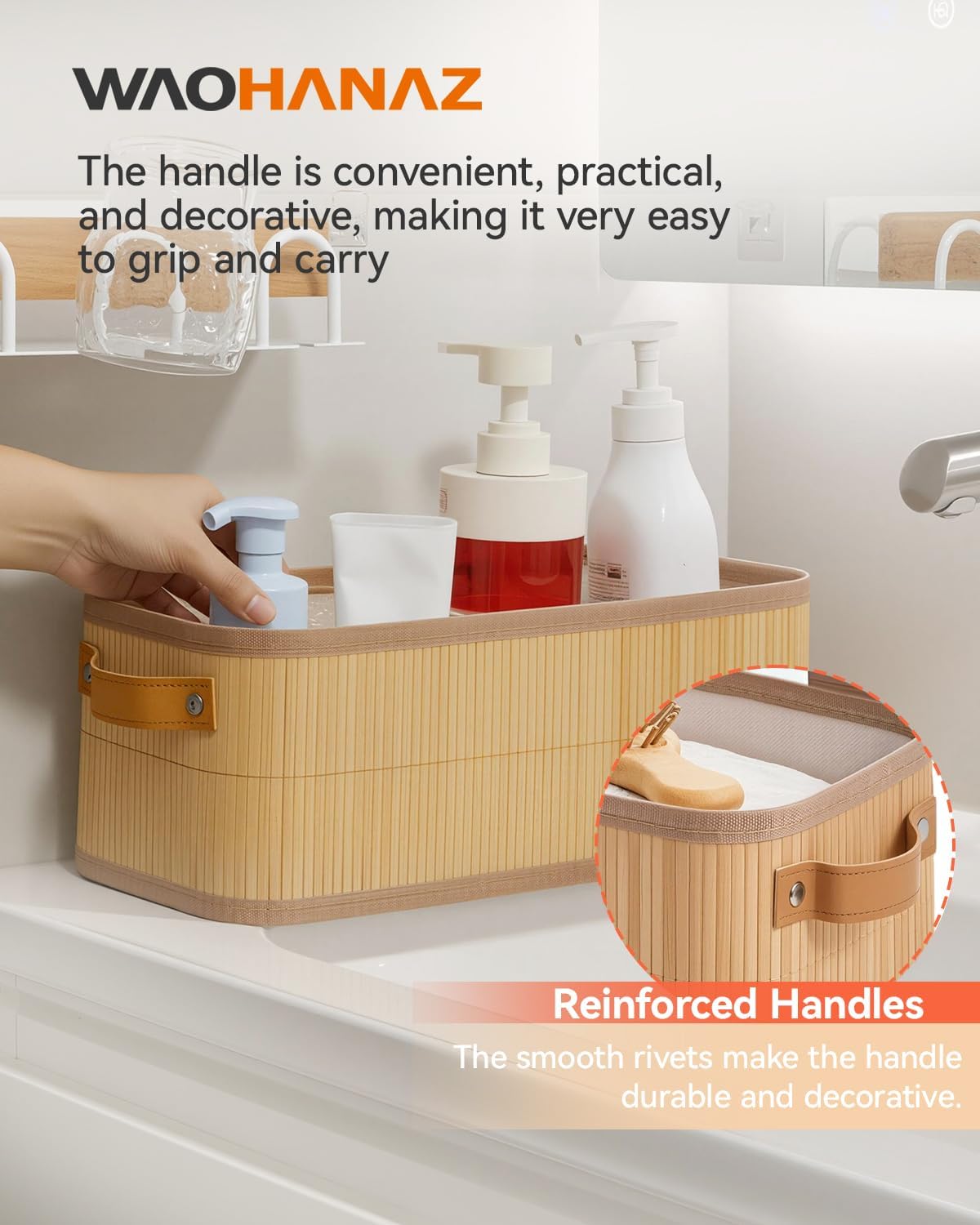 Narrow Storage Bins, Small Basket for Closet and Shelves, Bamboo Toilet Paper Storage Organizer with Handles for Countertop-Bathroom-Home Decor, 4-Pack