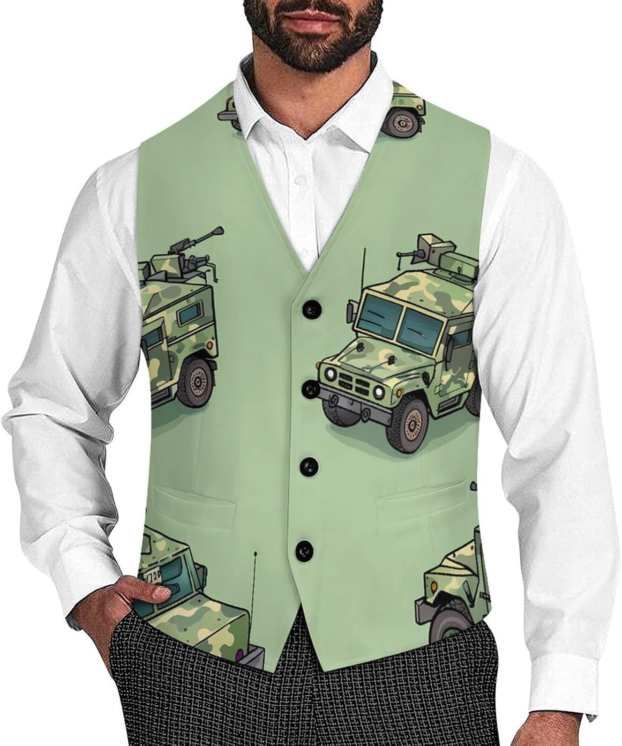 Camouflage Combat Engineer Vehicle Mens Suit Vests V-Neck Casual Vest Dress Formal Tuxedo Wedding Waistcoat