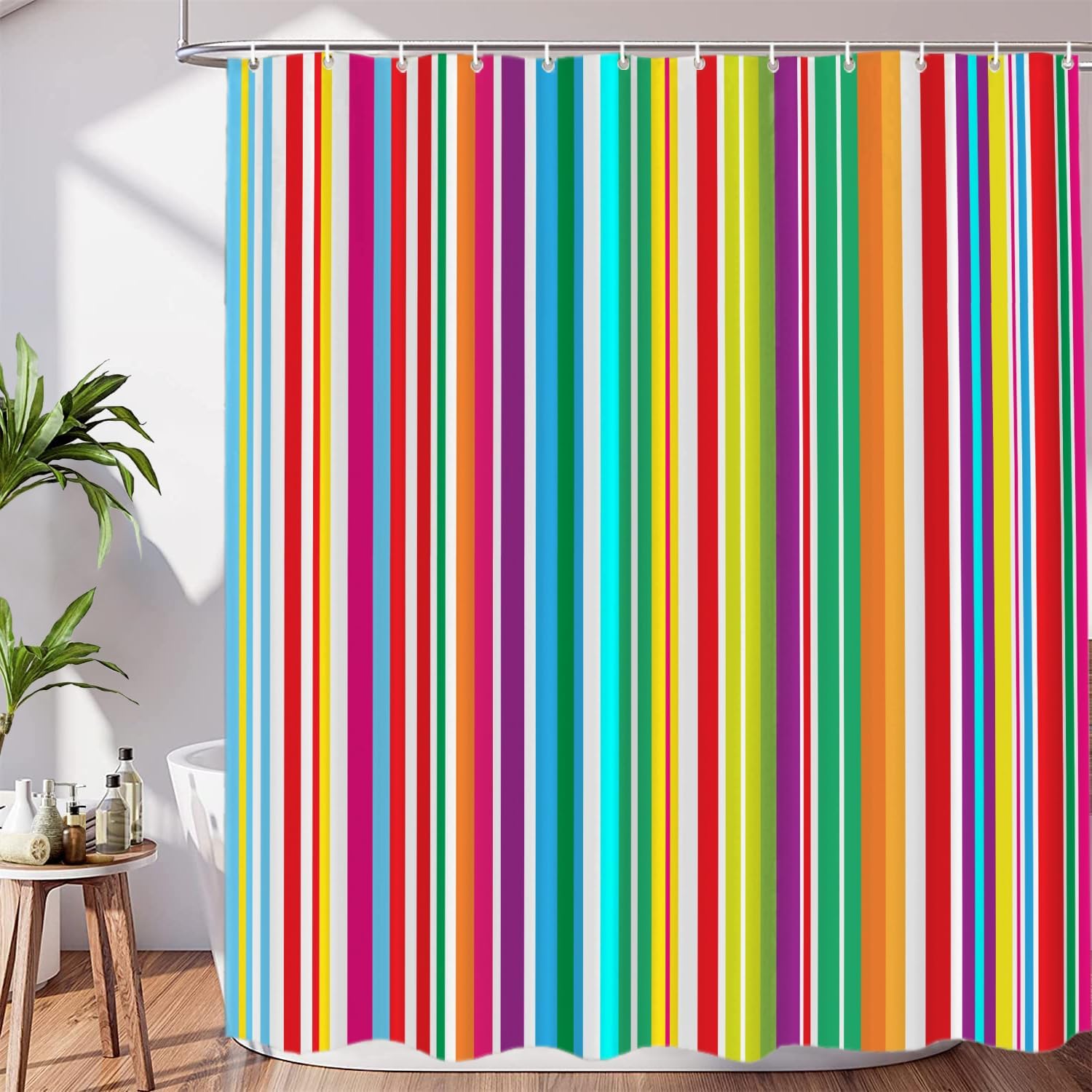 Etro Multicolor Stripes Decor Shower Curtain Set,Colorful Stripes Bright Stylish Polyester Shower Curtain for Shower Stall Bathroom Waterproof with 12 Hooks 72x72 Inch