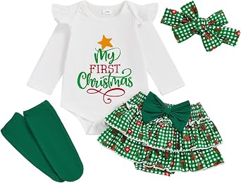 My First Christmas Baby Girl Outfit Newborn Long Sleeve Romper Onesie Tutu Skirt Shorts Socks Set 5PCS Clothes