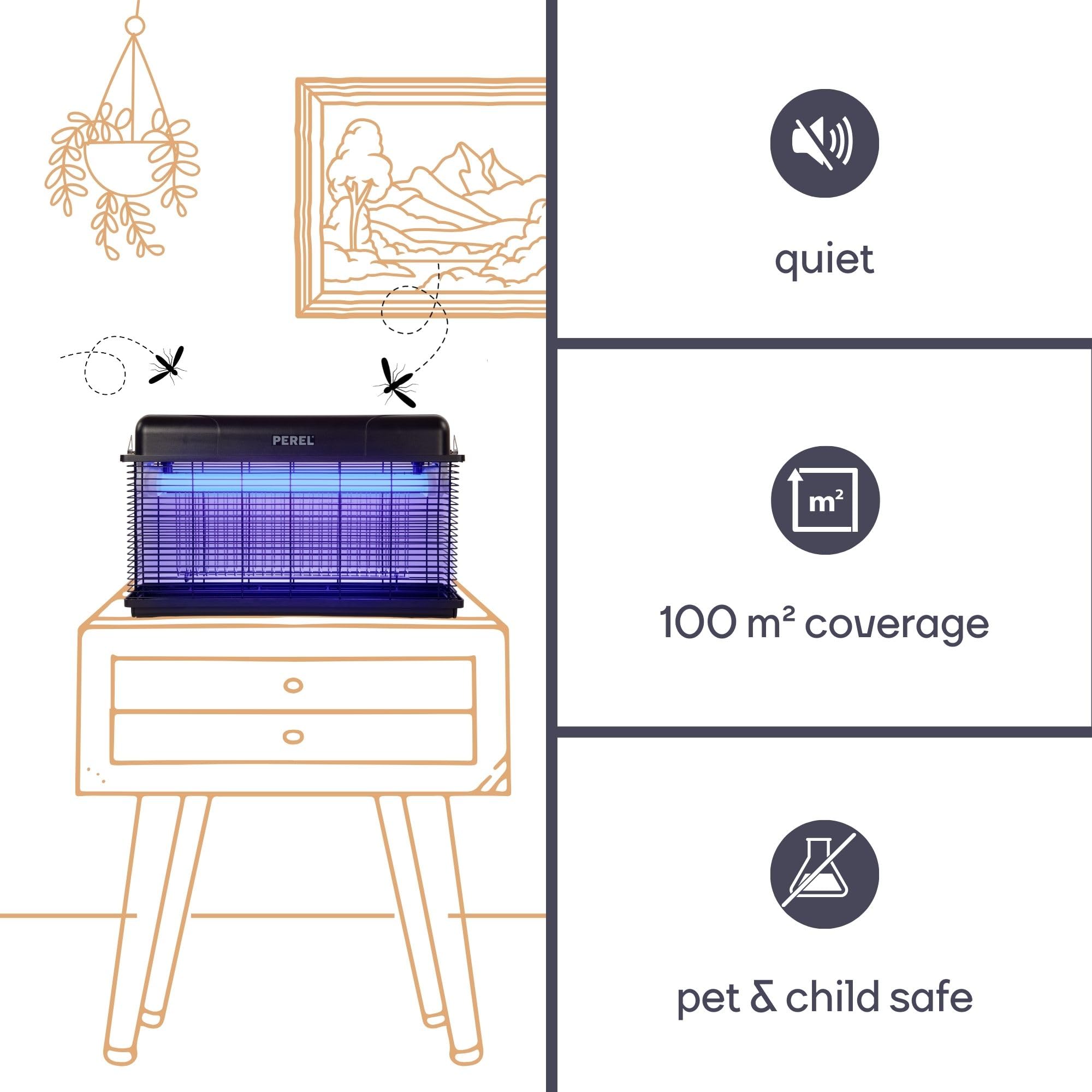 Perel Distruggi insetti LED UV elettrico, griglia 3000V, IPX4 resistente agli spruzzi, vassoio removibile, copertura 100 m², dispositivo potente per interno ed esterno