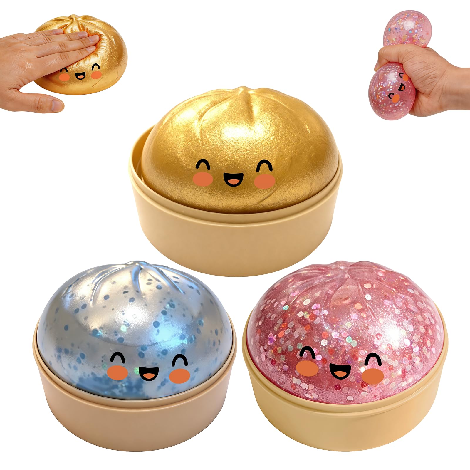 3Pack Glitter Dumpling Squishy, Big Mystery Dumplings Squishies Box, Cute Bao Bun Fidget Real Office Desk Decor, Soft Sensory Squeeze Ball with Steamer for Anxiety Stress Relief, Novelty Surprise Gift