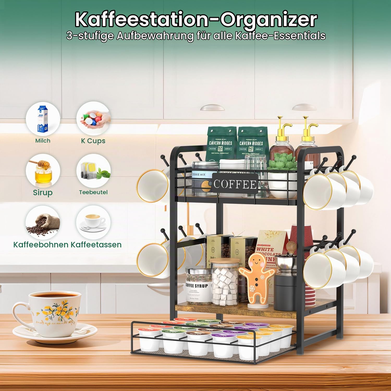 EsLuker.ly 3-stufig Tassenhalter und Tassenregal mit Schublade, Kaffee Regal Organizer für Theke, Coffee Bar Organizer with Tassen Regal, Tassenhalter Stehend, Ideal für Küchen