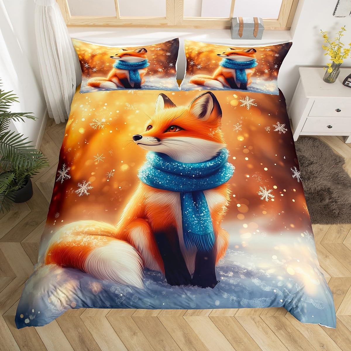 Fox Duvet Cover Toddler Size for Kids Boys Teens,Winter Cartoon Animals 2 Pieces Duvet Cover,New Year Fox Farmhouse Style Soft Comforter Cover (Not Comforter),Dreamy Snow Night Quilt Cover