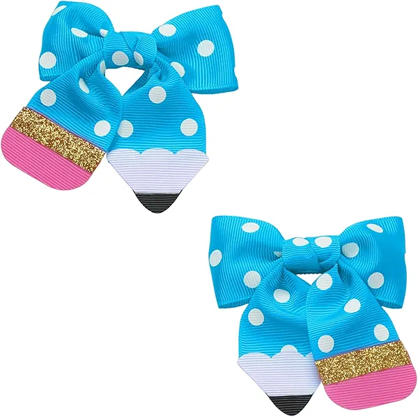 YKW Blue Polka Dot Pencil Hair Bow Clip for Girls - Cute School Themed Grosgrain Ribbon Accessory with Secure Metal Fastener - First Day Teacher Gift - 3.9 Inch