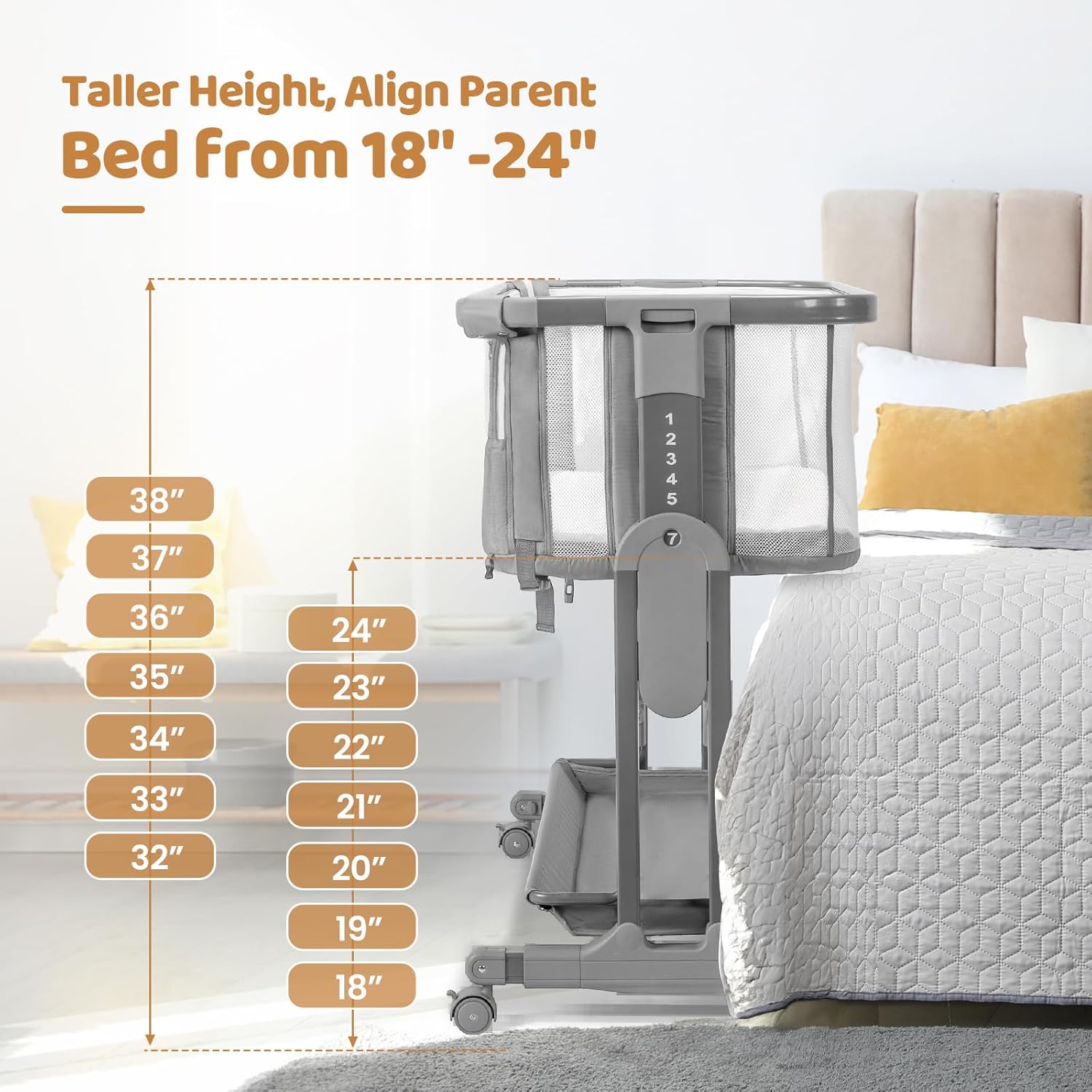 Bassinet height adjustment settings