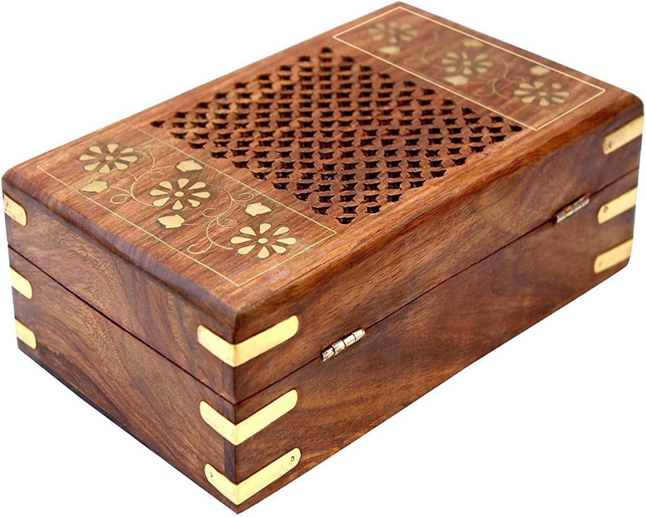 Wooden Jewelry Organizer with Brass Inlay - Exquisitely Carved Box for Womens Gifts - Elegant Storage Solution for Rings, Necklaces, Earrings, and Bracelets (8 x 5 Inch)