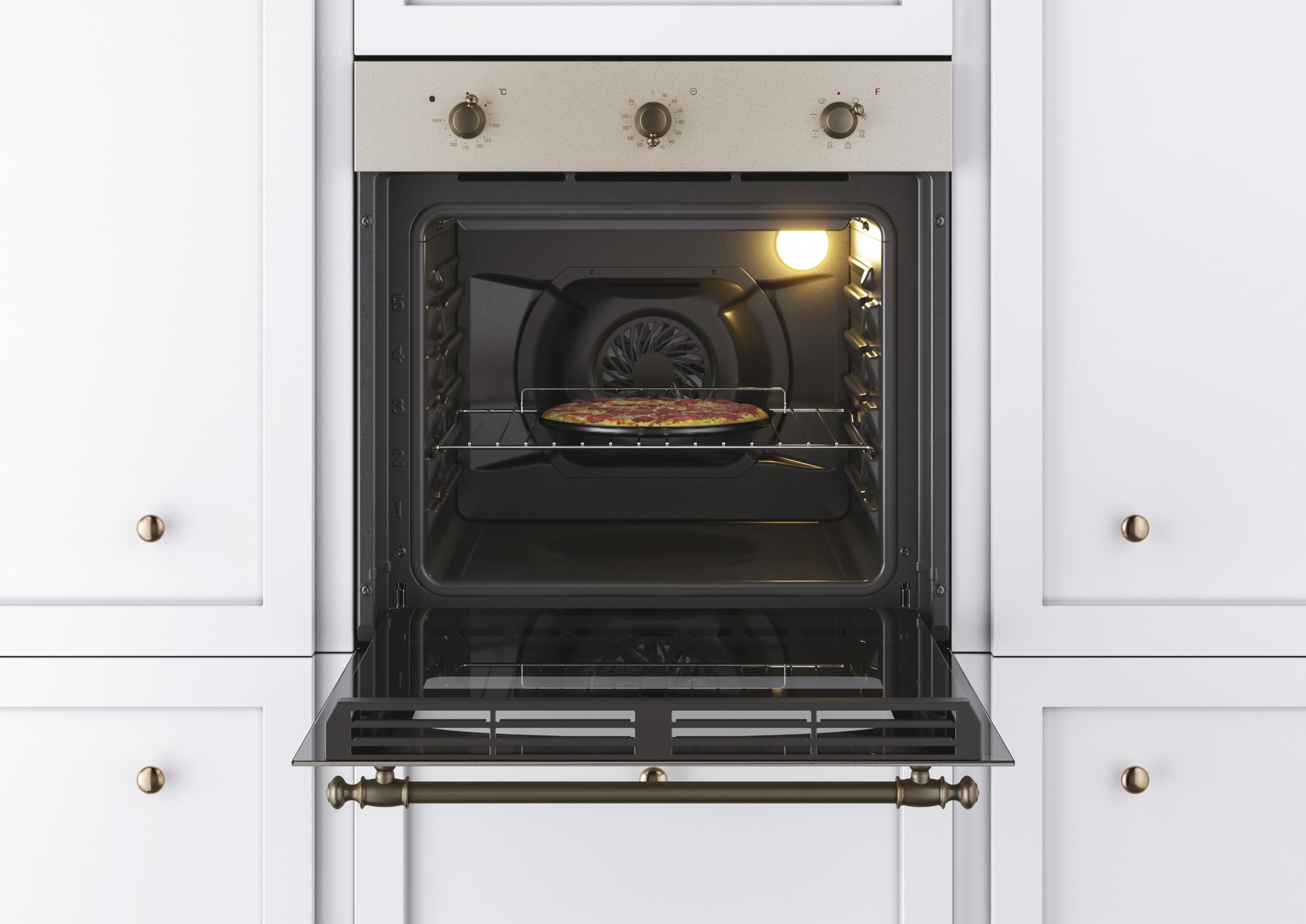 Candy Classic Forno Elettrico da Incasso Ventilato, 65 Litri, Classe A+, Funzione Pizza, 8 Programmi di Cottura con Funzione Cook Light, Design Rustico, 59,5 x 59,5 x 56,8 cm, Color Avena - FCC603NAV