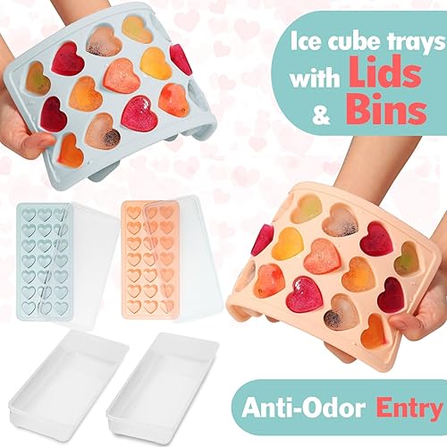 Miniatura 10 de Paquete de 2 bandejas de cubitos de hielo con tapa con forma de corazón, moldes de hielo en forma de corazón, moldes de silicona de 42 agujeros para
