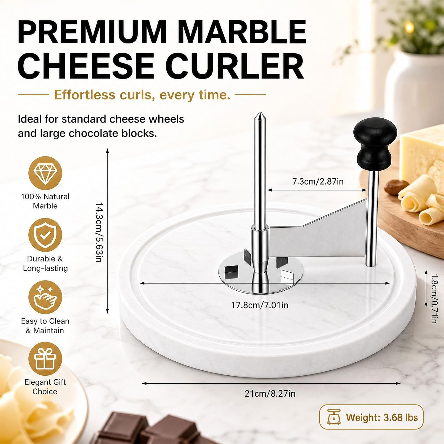 Marble Cheese Curler Wheel, 9-inch Round Marble Base with Food-Grade Stainless Steel Blade for Tête De Moine, Chocolate and Butter Curls, Cheese Shaver for Charcuterie Boards and Kitchens