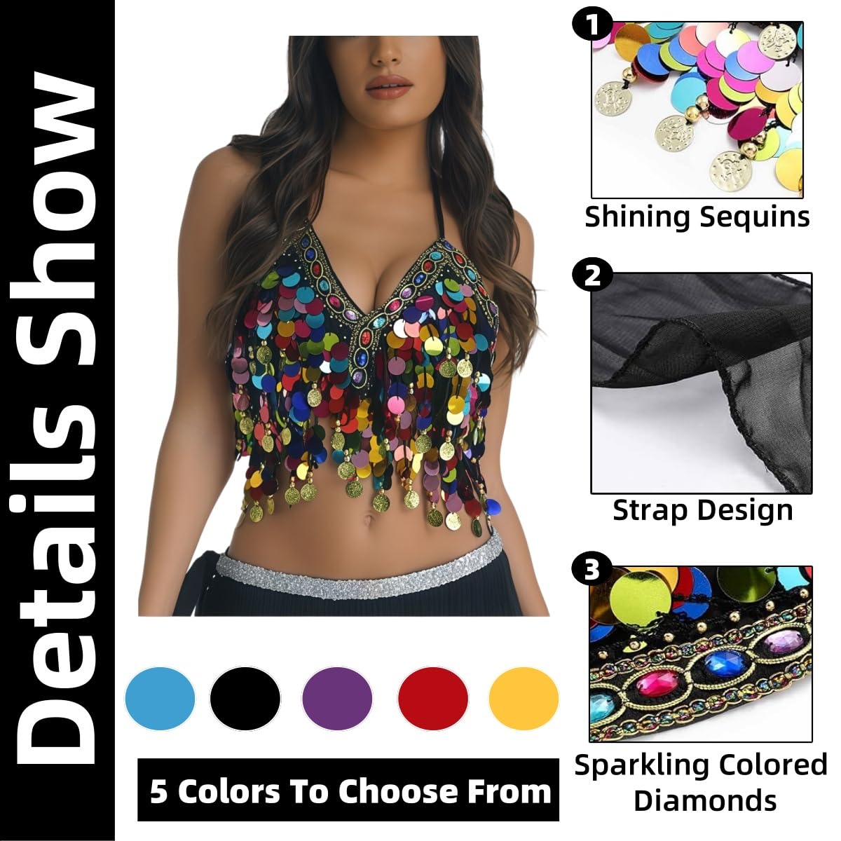 Sujetador con lentejuelas para danza del vientre, top corto brillante cuello halter flecos