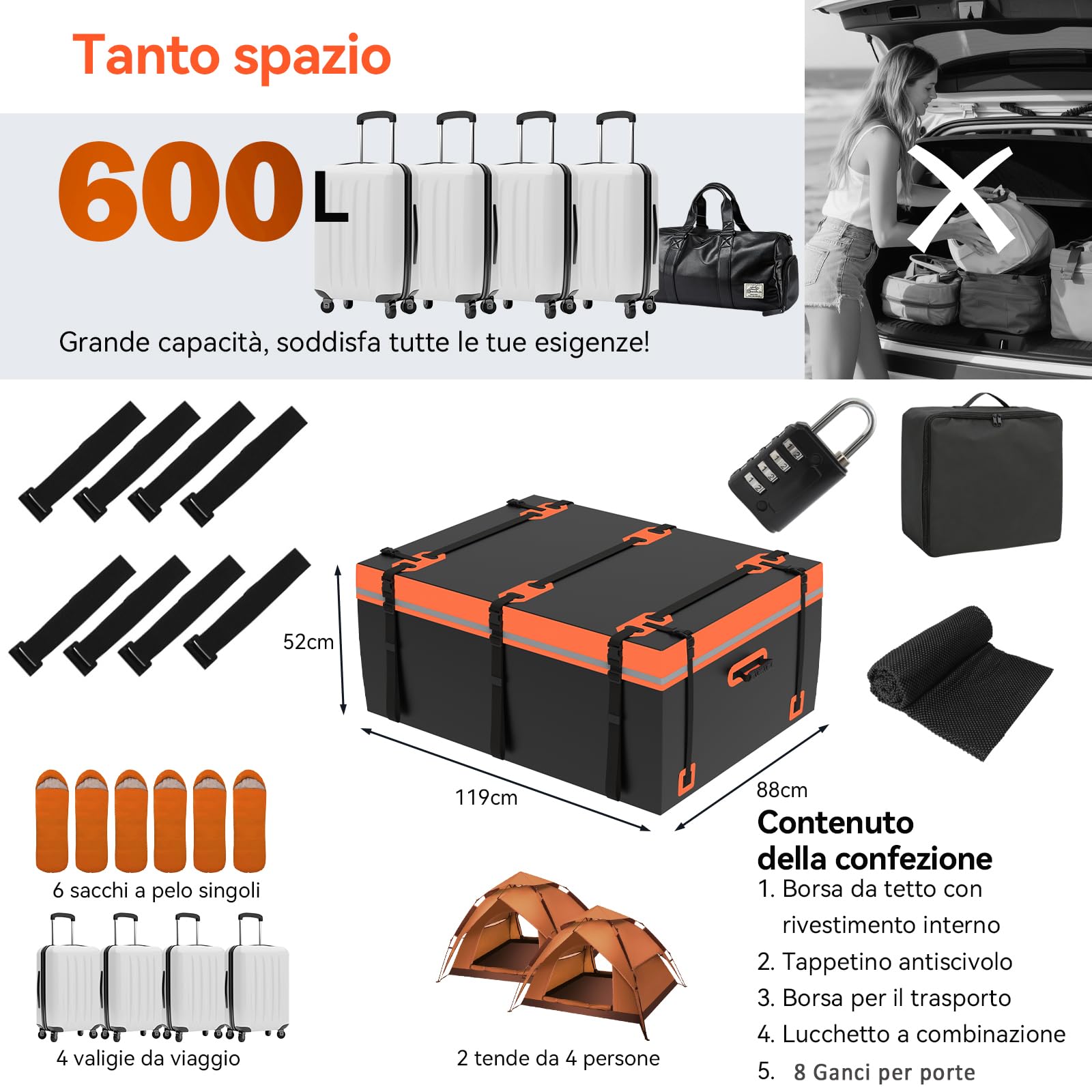 YU YUSING Box da Tetto Auto 600 L, Borsa da Tetto Pieghevole e Impermeabile, Baule Auto Tetto in PVC 500D, 8 Ganci e 8 Cinghie di Rinforzo, Compatibile con/senza Portapacchi, Arancione