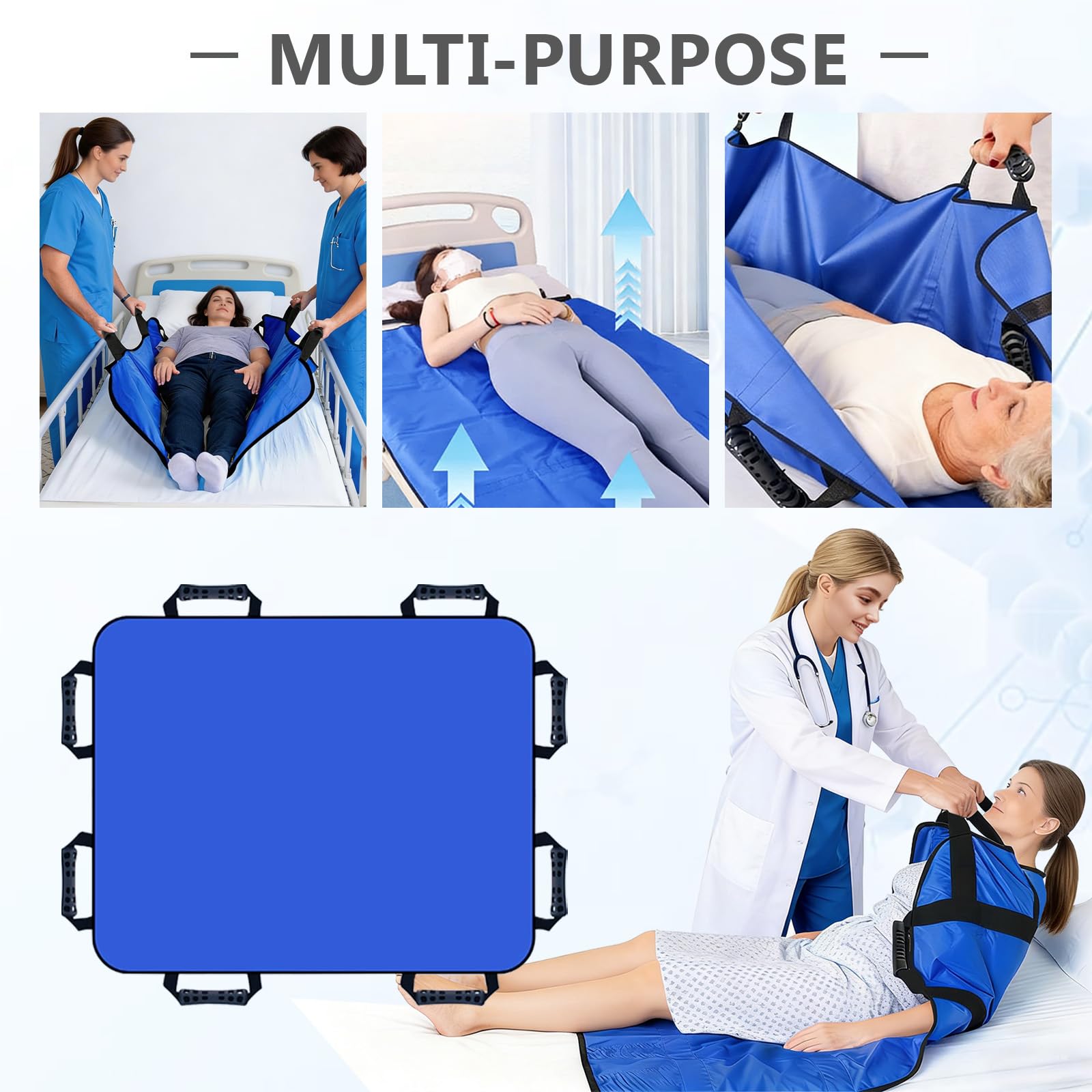 Toalla para pacientes, 100 x 120 cm, con 8 asas, sábana de transferencia y ayuda de almacenamiento para enfermería, transferencia de ancianos y cama para transferencias de pacientes