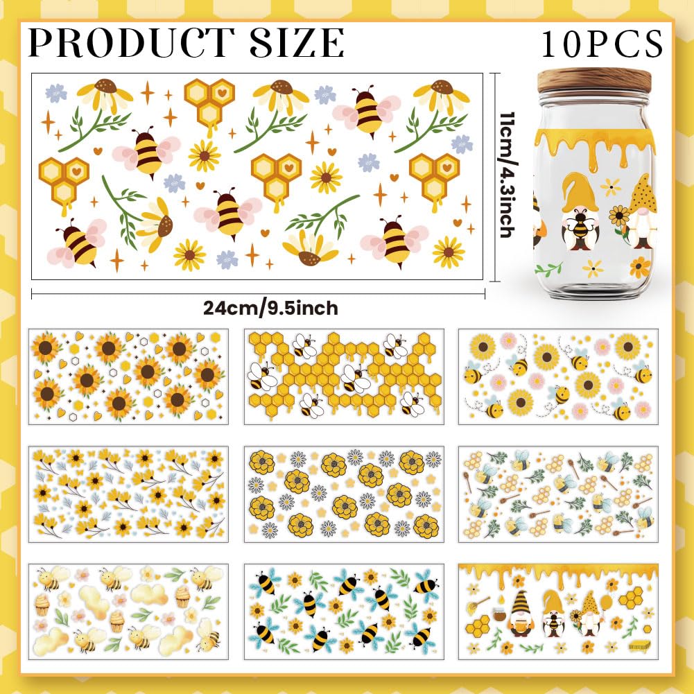 GOMAKERER 10 Sheets Bee Theme UV DTF Wraps, Clear Print UV DTF Cup Wraps Waterproof Rub on Transfer Stickers Decal for 16 Oz Glass Cups Mugs Container Decor