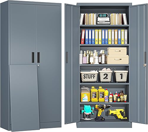 Miniatura 12 de BESFUR Gabinete de almacenamiento de metal, gabinete de almacenamiento de 71 pulgadas de alto con 5 estantes ajustables, gabinetes de metal