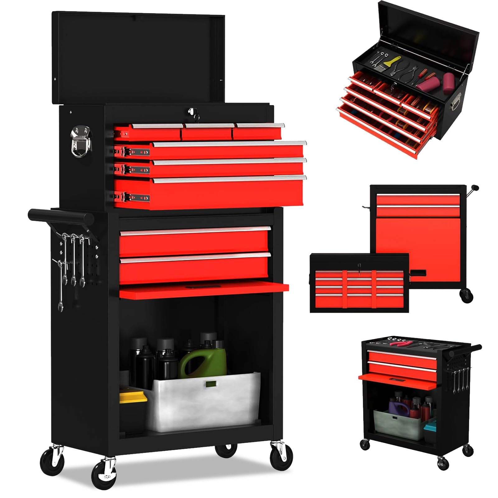 DUSACOM 8-Drawer High Capacity Rolling Tool Chest, Removable Cabinet Storage Tool Box with Wheels and Drawers, Detachable Toolbox with Lock for