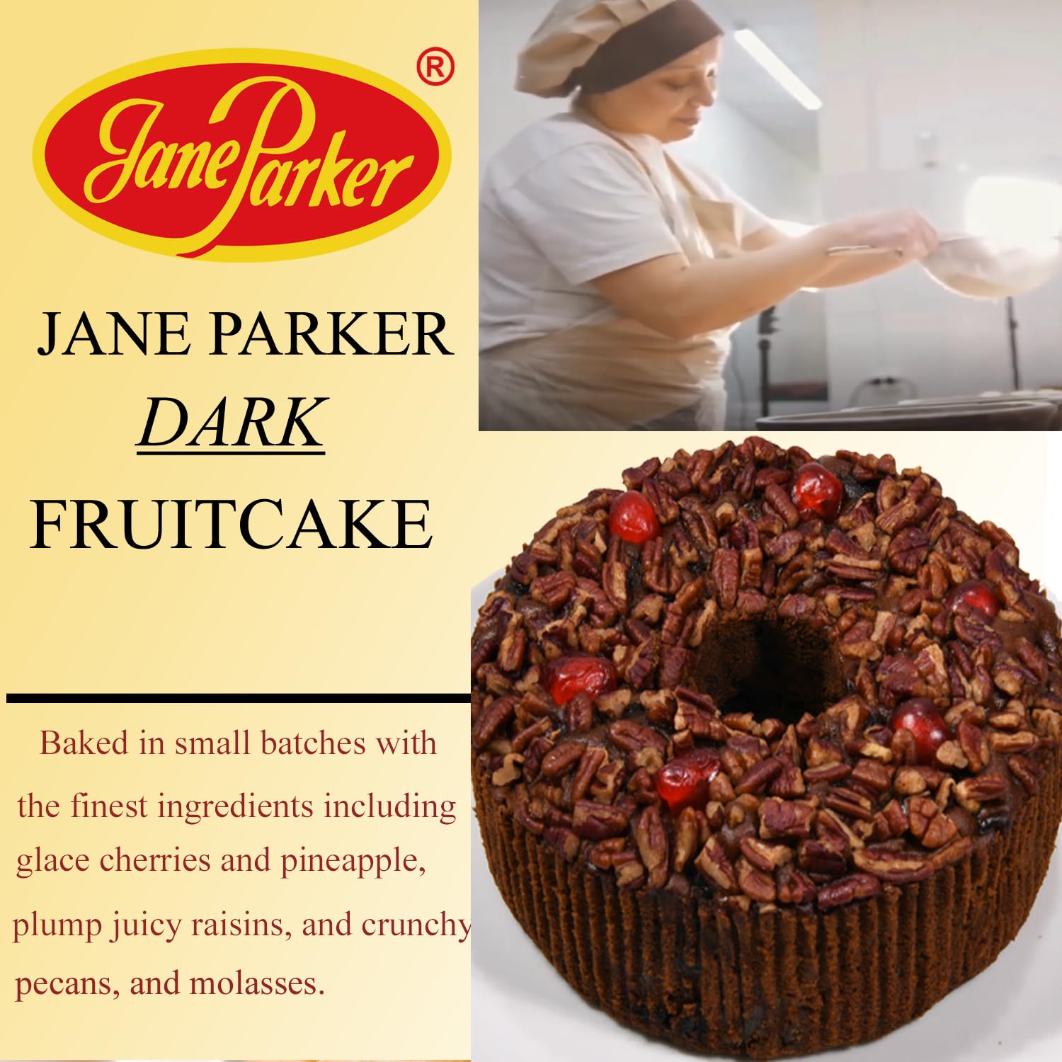 Jane Parker Fruitcake Dark Fruit Cake 3 Pound (48 Ounce) Ring in a Collectible Holiday Tin (Colors may vary) -Holiday Cake-Christmas Cake-The Best Fruitcake You Can Buy