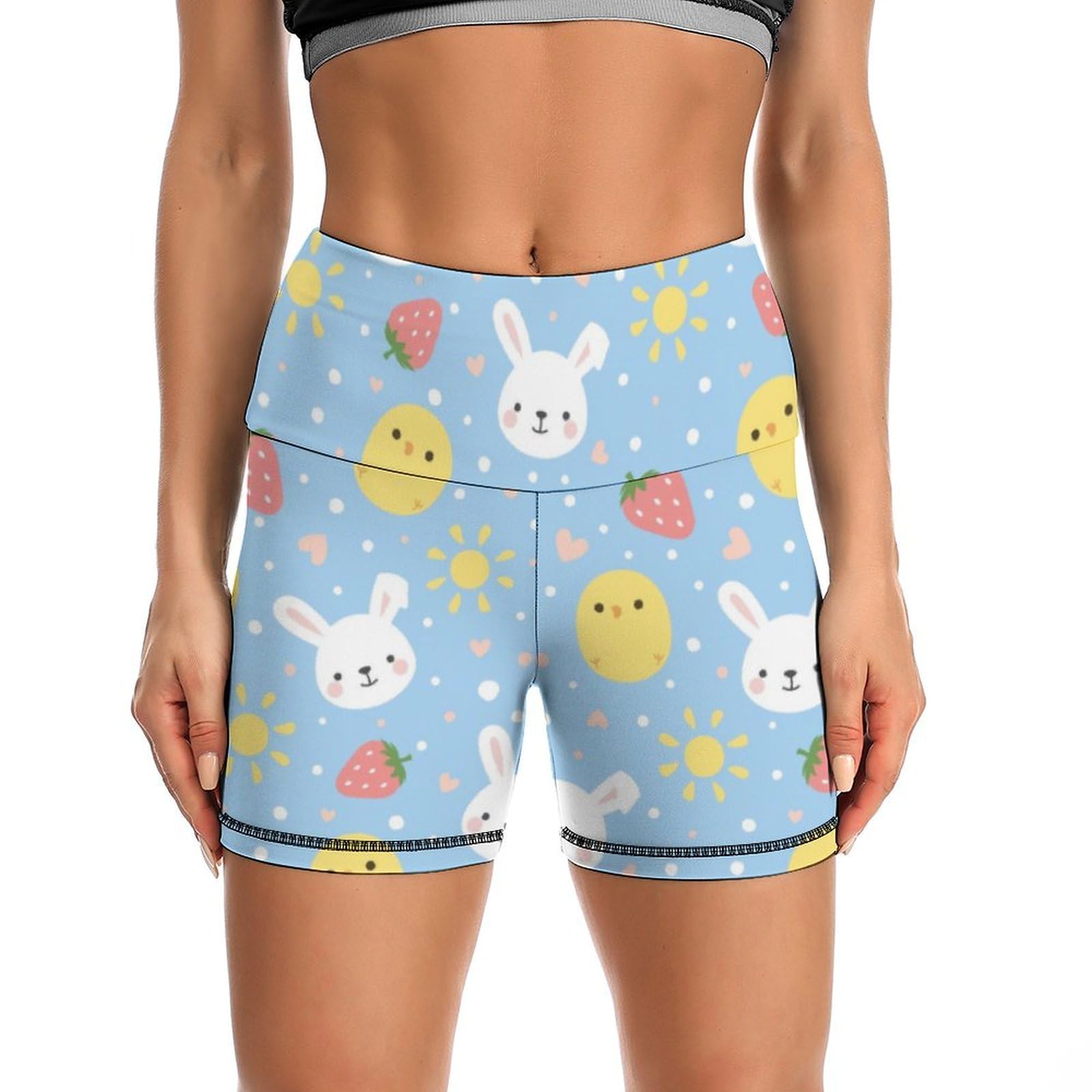 JYYAU Cute Strawberry Bunny and Chicken Pattern High Waist Yoga Shorts for Women Athletic Shorts Leggings Running Pants