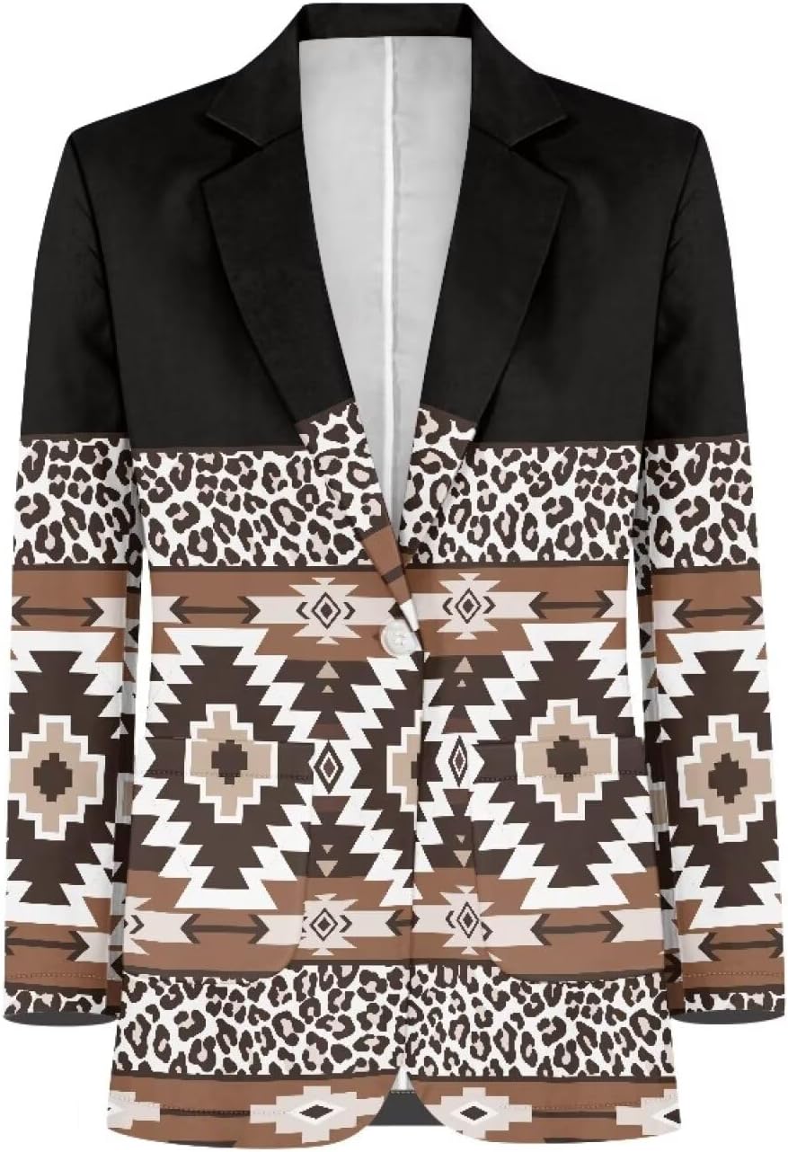Western Ethnic Aztec Tribal Print Womens Aztec Blazer with Pockets Long Sleeve Loose Fit One Button Dress Blazer