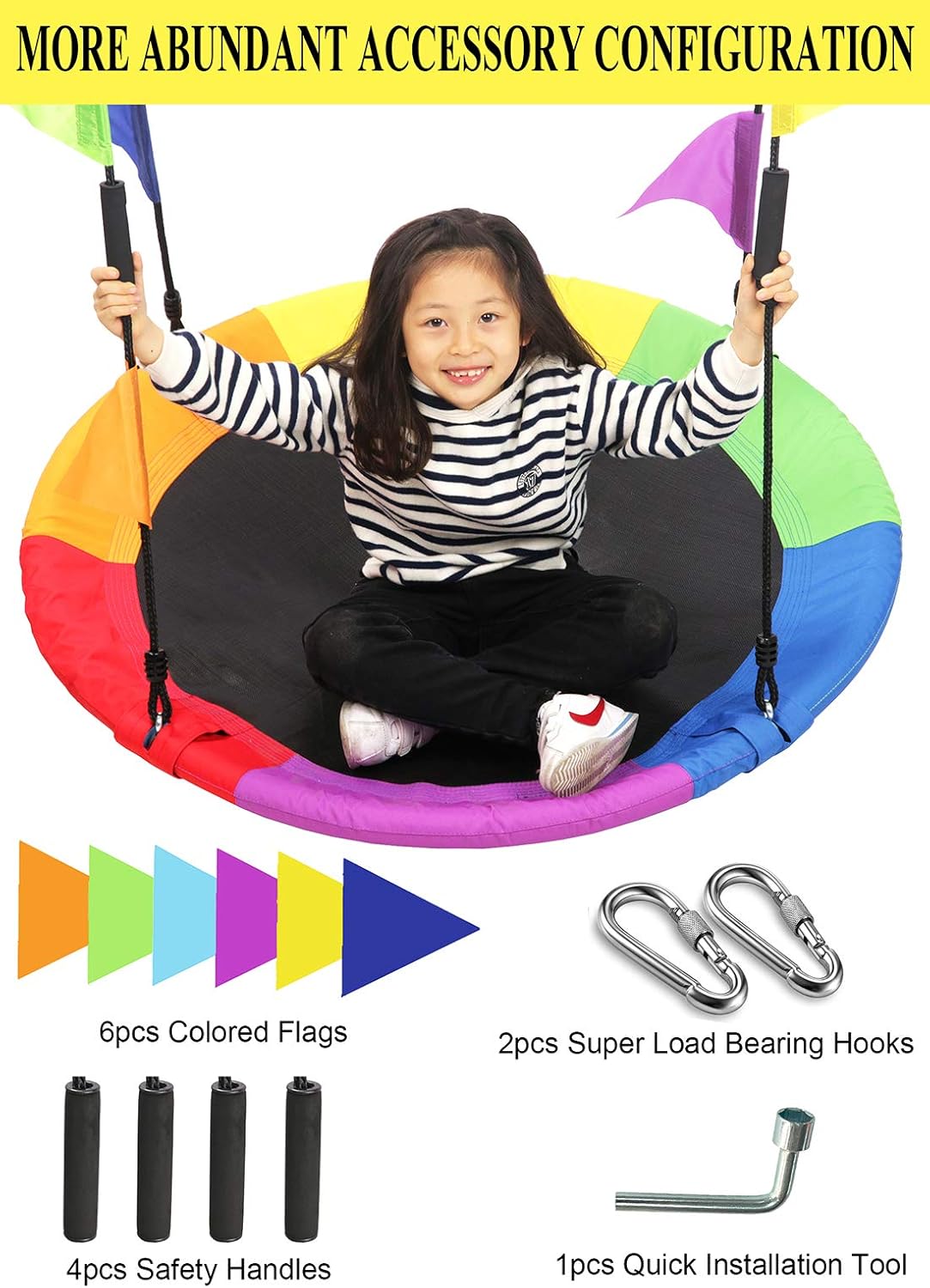LANGXUN 40 Inch Rainbow Saucer Tree Swing for Kids and Adults, with Carabiners and Flags, 700 lb Weight Capacity, Steel Frame, Waterproof, Outdoor Swing Sets for Backyard