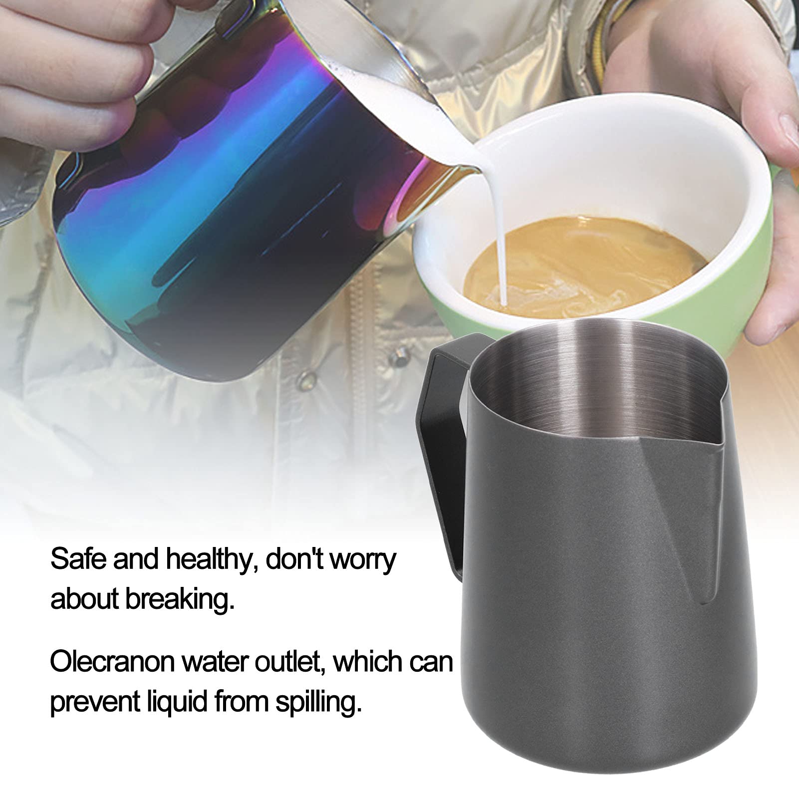 Schwarzes Milchkännchen langlebiger Milchaufschäumer aus Edelstahl 304 sicherer und gesunder Kaffeeaufschäumkrug mit spitzer Öffnung für Wasser Säfte,Eine Farbe-350ml