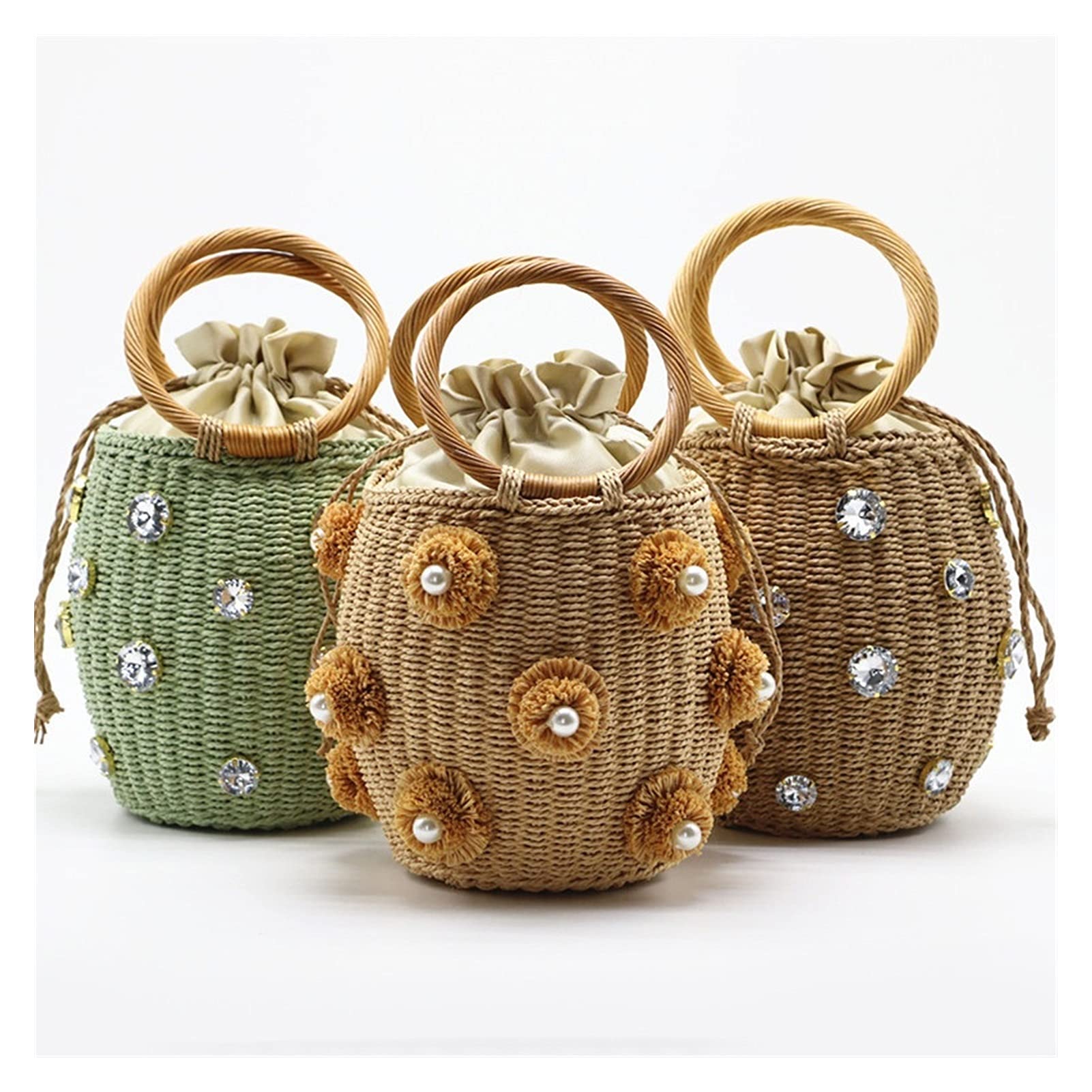 Strohtaschen Damen,Korbtaschen Damen Handgemachte Strass-Kristall-Verzierter Strohbeutel Kleine Stroh-Eimer-Taschen-Dame-Reisegeldfrauen Und Handtaschen(Beige)