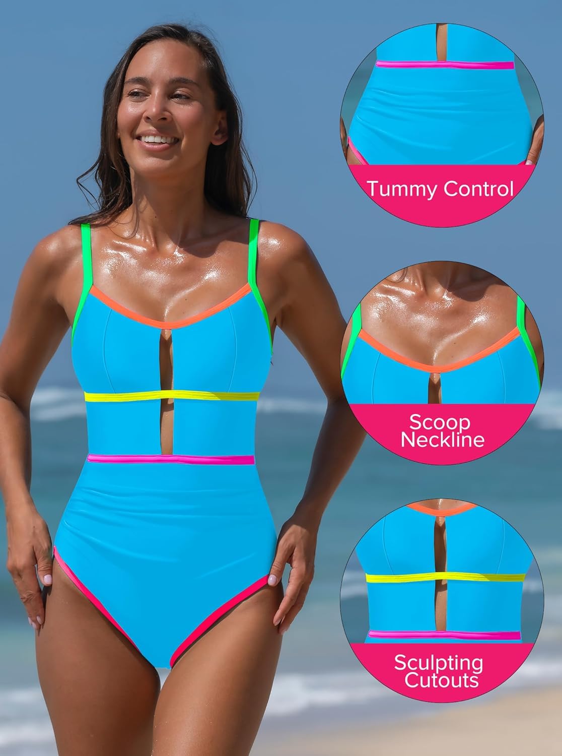 popvil Women One Piece Swimsuit 2026 Sporty Neon Bathing Suit Tummy Control Swim Suit Cut Out Adjustable Straps Swimwear - Image 7