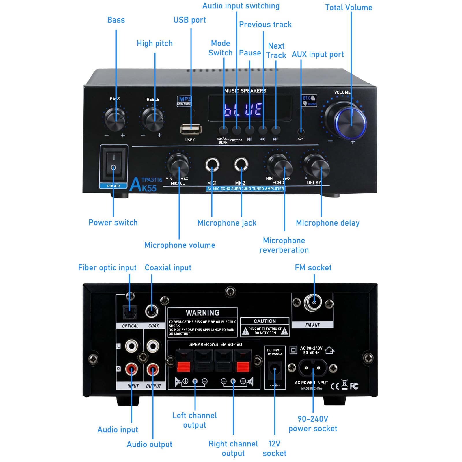 AK55 Amplificatore HiFi Mini Bluetooth 5.0 Stereo Amplifier 2.0 Canali 70W X 2 Audio Amplificatore Digitale Amplificatore con radio FM, telecomando, Opt/AUX/RCA/USB/MIC/BT