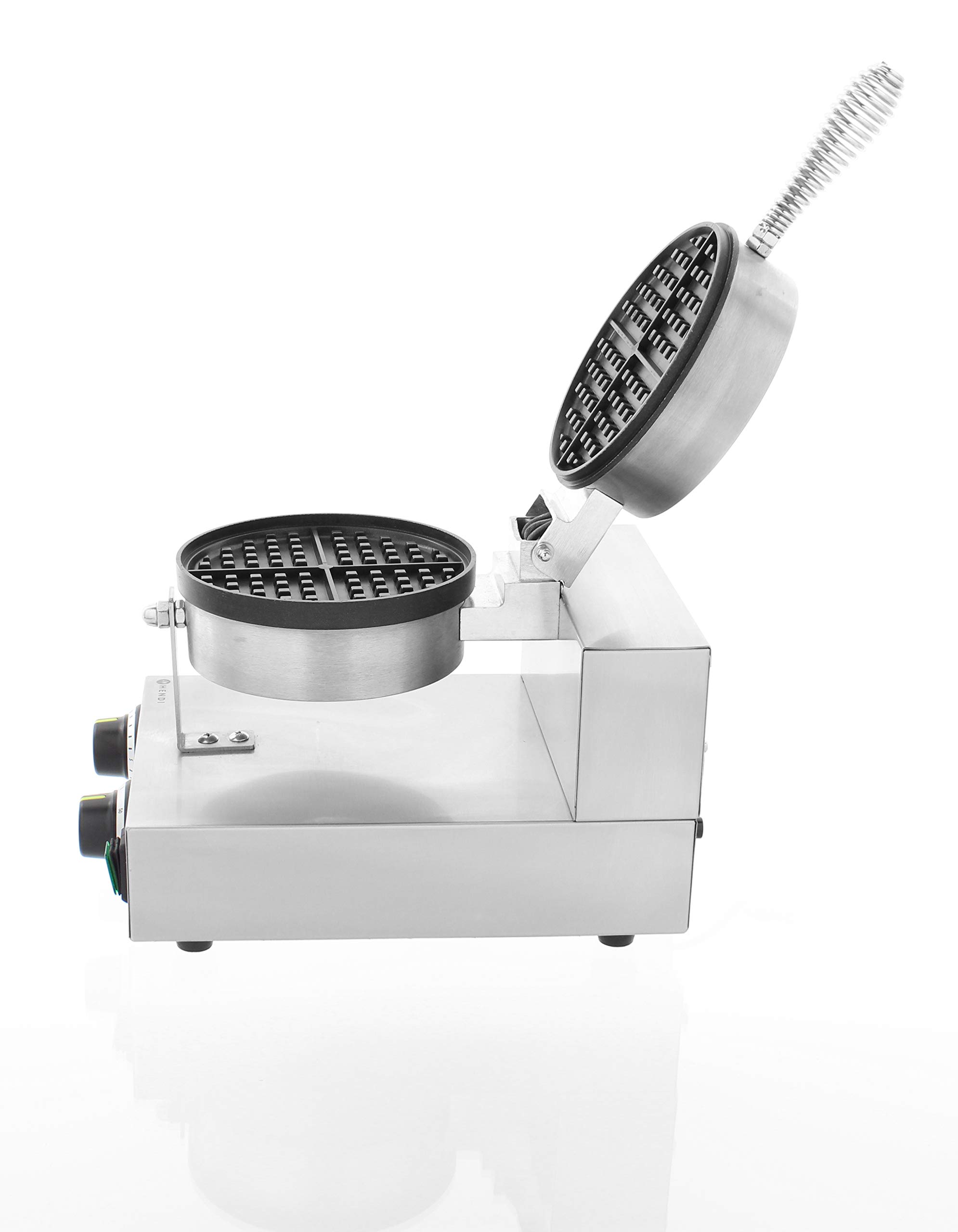 HENDI Gofrera eléctrica redonda, para gofres belgas, T regulable (50˚C a 220˚C), placas de aluminio fundido con recubrimiento antiadherente de Teflon, 230V, 1000W, 250x380x(H)590mm, acero inoxidable