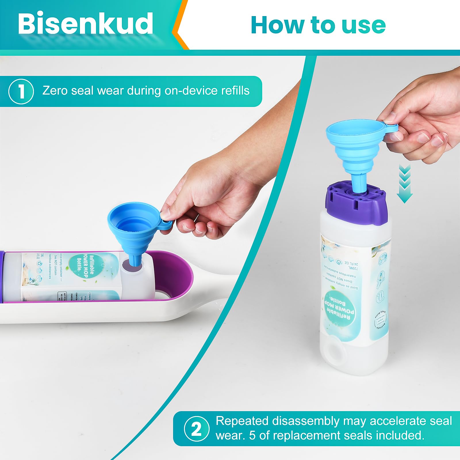 Bisenkud 2-pak butelek do wielokrotnego napełniania do mopa Swiffer Power, 720 ml / 24 FL.OZ, pojemnik na roztwór wielokrotnego użytku, szczelna blokada, użyj dowolnego środka czyszczącego w płynie